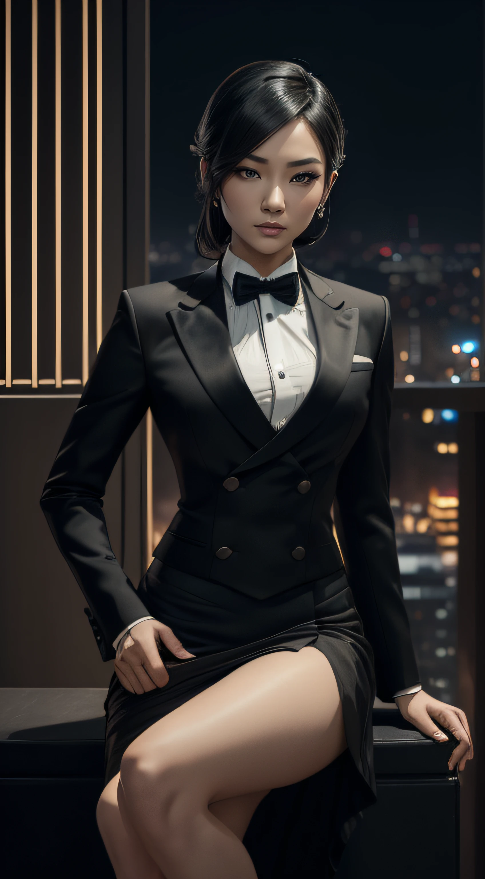 (A beautiful 25 years old Asian Hitwoman), (wolfcut black hair), (pale skin), (serious face), (wearing black and white formal tuxedo), skirt suit, (((tuxedo))), (((dress shirt))), (((black bowtie))), blazer, (((suit jacket))), (((waistcoat))), double-breasted waistcoat, (((bodycon miniskirt))), pencil skirt, tights, pantyhose, white gloves, (city at night background), view from front, waist up shot, dynamic pose, ambient lighting, photo realism, intricate face detail, intricate hand details, highly detailed, vibrant colors, cinematic, high definition, trending on Artstation--style raw, sitting on throne, crossed legs