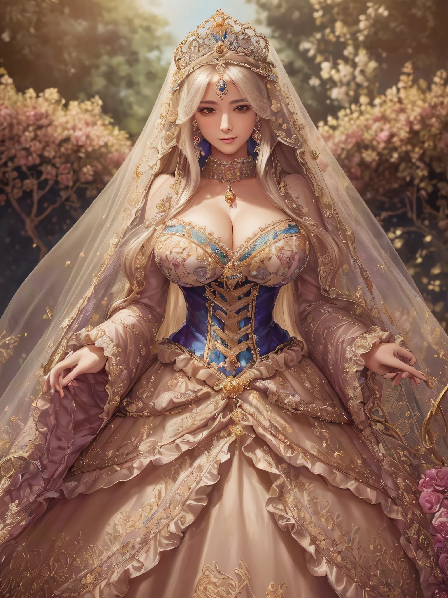 ((anime artstyle)),(Masterpiece),(Best Quality), (Super Detail),(Highly Detailed CG Unity 8k wallpaper),((Very Delicate and Beautiful)),1 lady,((full body portrait)),((standing in garden)),((solo)),(((1 princess in gorgeous embroidery and jeweled extremely gorgeous rococo princess ballgown with voluminous full length hoop skirt))),(((huge crinoline hoopskirt))),long train,((gorgeous embroidery and jeweled)),voluminous frills,See-through,(((extremely gigantic tits,skindentation))),cleavage,((absurdly Long Straight Hair,extremely voluminous Straight long Hair,absurdly Long Straight Hair)),(finely detailed face and eyes),((seductive smile,embarrassed)),clear pupil,extremely gorgeousfull hair ornament,(bling-bling jeweled extremely gorgeousfull tiara),((bling-bling gorgeous gemstone jewelry)),gorgeous long veil,((ultra long gloves)),(beautiful background),(full body),((gorgeous embroidery and jeweled extremely gorgeous rococo princess ballgown with voluminous full length hoop skirt))