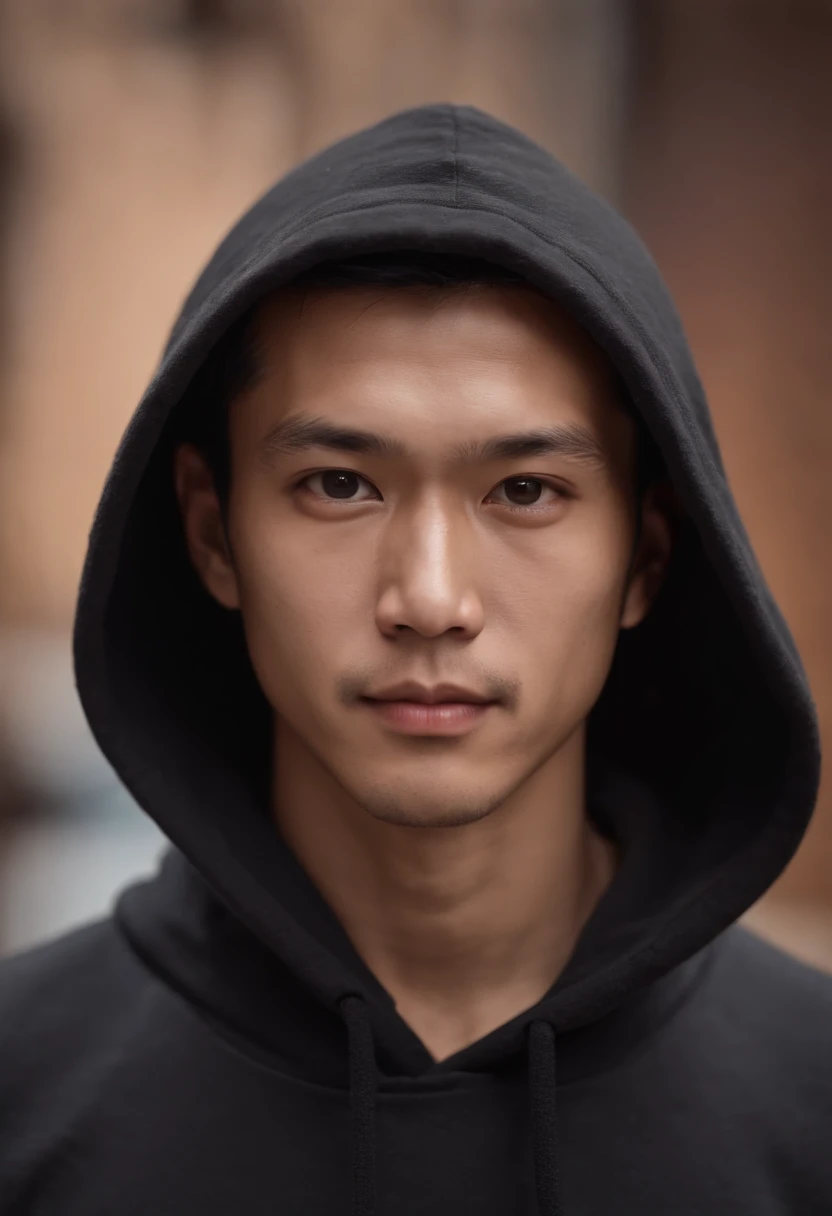 a 3d image of a mysterious Asian, brownish-skin man wearing a black hoodie