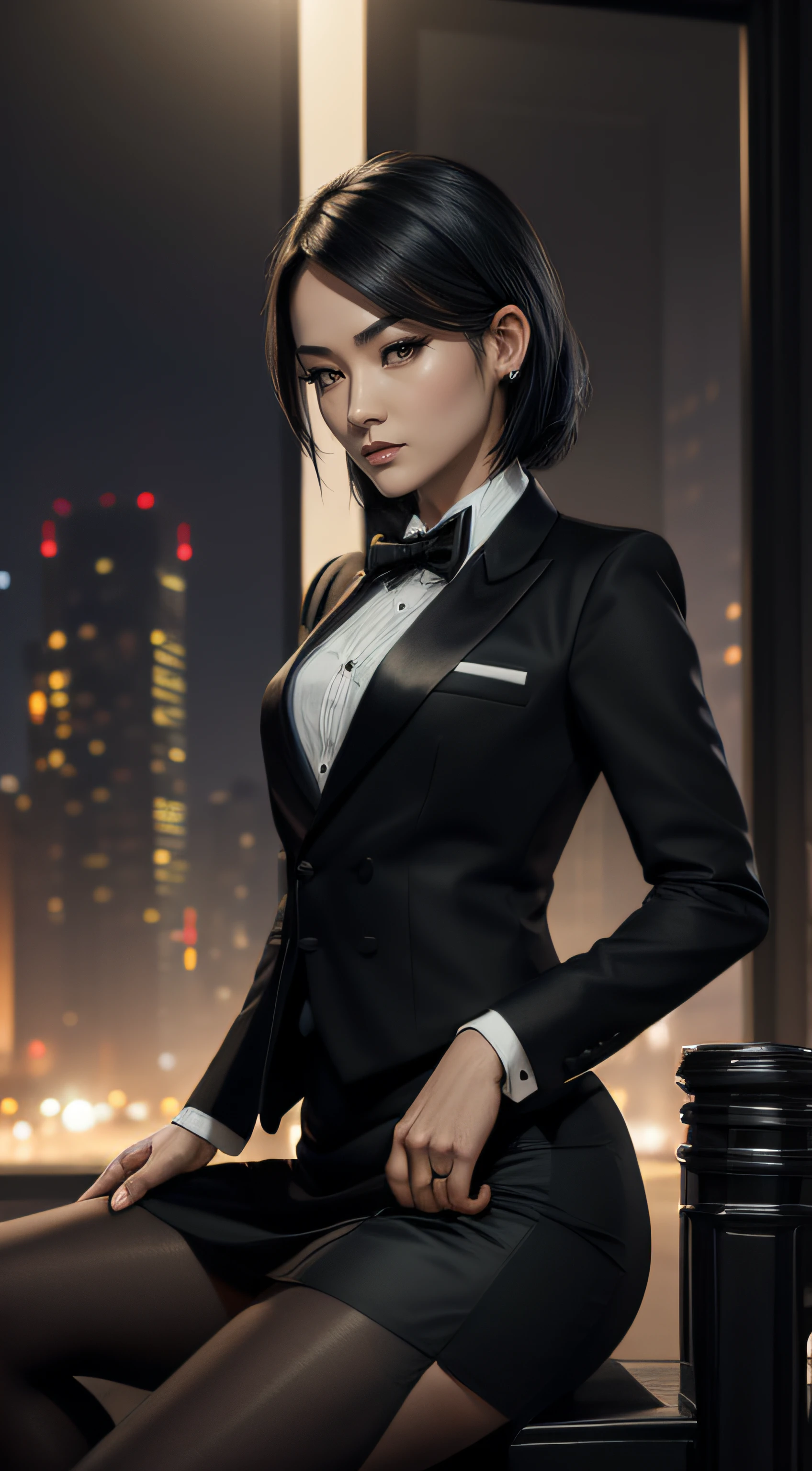 (A beautiful 25 years old Asian Hitwoman), (wolfcut black hair), (pale skin), (serious face), (wearing black and white formal tuxedo), skirt suit, (((tuxedo))), (((dress shirt))), (((black bowtie))), blazer, (((suit jacket))), (((waistcoat))), double-breasted waistcoat, (((bodycon miniskirt))), pencil skirt, tights, pantyhose, white gloves, (city at night background), view from front, waist up shot, dynamic pose, ambient lighting, photo realism, intricate face detail, intricate hand details, highly detailed, vibrant colors, cinematic, high definition, trending on Artstation--style raw, sitting on throne, crossed legs