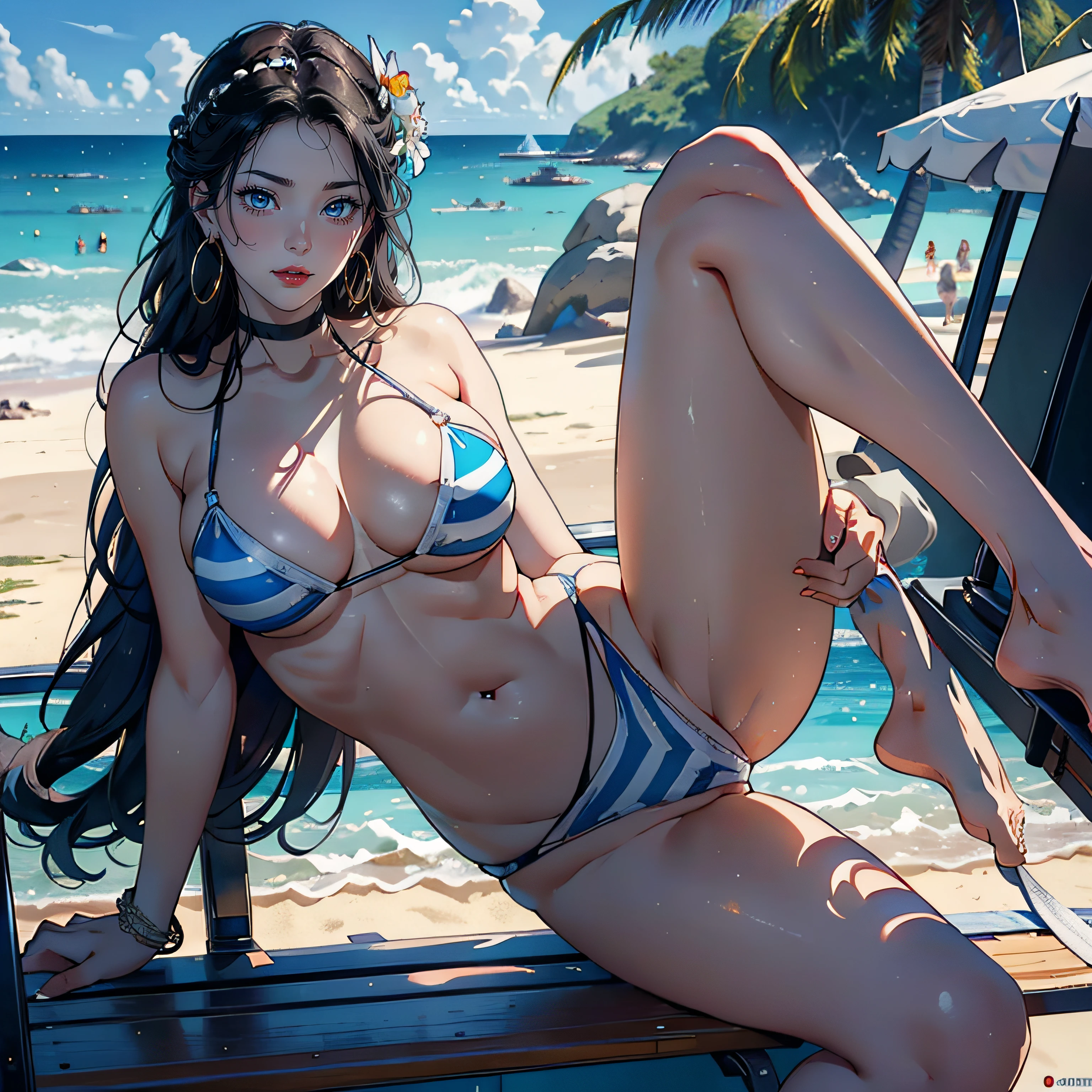1female,35yo,Lay on a beach chair,The left leg is bent,((Trampling on the audience:1.2,legs are open:1.4))),Metal chest chain,elaborate earrings,White floral headdress,Juice in hand,Married Woman,A MILF,熟妇,mature,extremely large bosom,plumw(Background with:Beach volleyball,the cherry trees,lotus flower) She has long black hair,bobo head,seen from the front,mostly cloudy sky,(((tmasterpiece),(Very detailed CG unity 8K wallpaper),best qualtiy,cinmatic lighting,detailed back ground,beatiful detailed eyes,Bright pupils,Blue eyes,Snow-whiteskin,Redlip(Very fine and beautiful),(Beautiful and detailed eye description),ultra - detailed,tmasterpiece,))facing at camera,A high resolution,ultra - detailed),revealing breasts,Bare genitalia, Bulge,legs are open,Raised sexy,Camel toes,Desire for dissatisfaction,frontage,Beach wind(Wearing : Blue striped bikini,Translucent gradient sunglasses)Look up at the camera,fully body photo