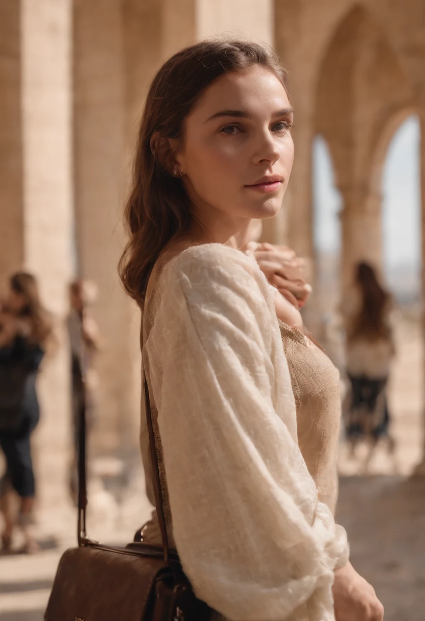 Foto profissional de corpo inteiro, (foto 4k:1.1) por (Jeremy Lipking:0.3), (Dittmann Anna:0.3), (Cecile:0.3), (foco nítido:1.3), estudante com mochila no ombro,  de perfil, laptops, livros, confiante, altamente detalhado, and dramatic, Cinematic lighting, Lighting Scene, luzes suaves