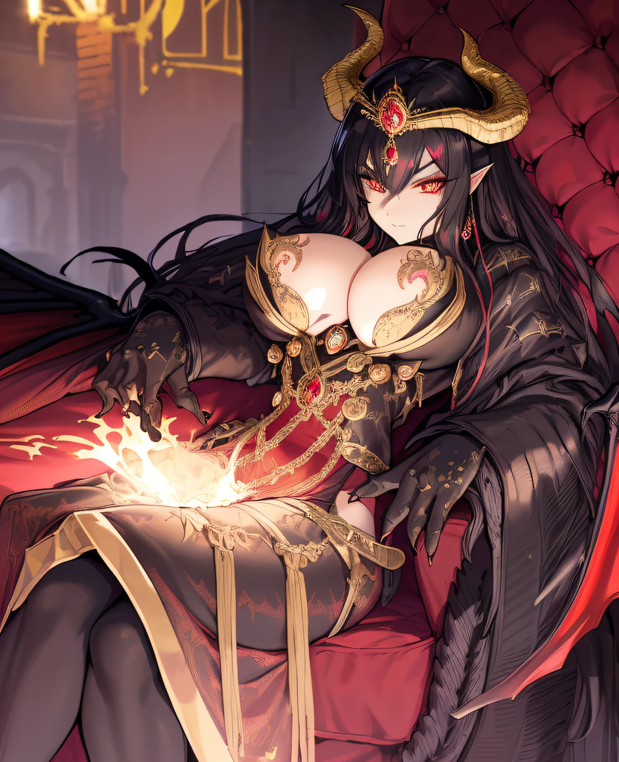 (red eyes)), long fluffy black hair ,(((fantasy, europien medieval))), ((strong elegant body)), mature female demoness, demon queen, (royal black clothes), ((royal golden coat)), ((( big golden royal crown with jewellery))), ((4 gigantic scales demon horns)), (( giant scales dragon wings)), jewellery, huge breast, (beautiful detailed eyes:1.7), beautiful detailed symmetrical face, detailed hair, detailed fingers and hands, detailed body, detailed and intricate, hypermaximalist, hyper, super detailed, dynamic pose, body focus,(((masterpiece))), (((best quality))), illustration, looking at viewer, throne room