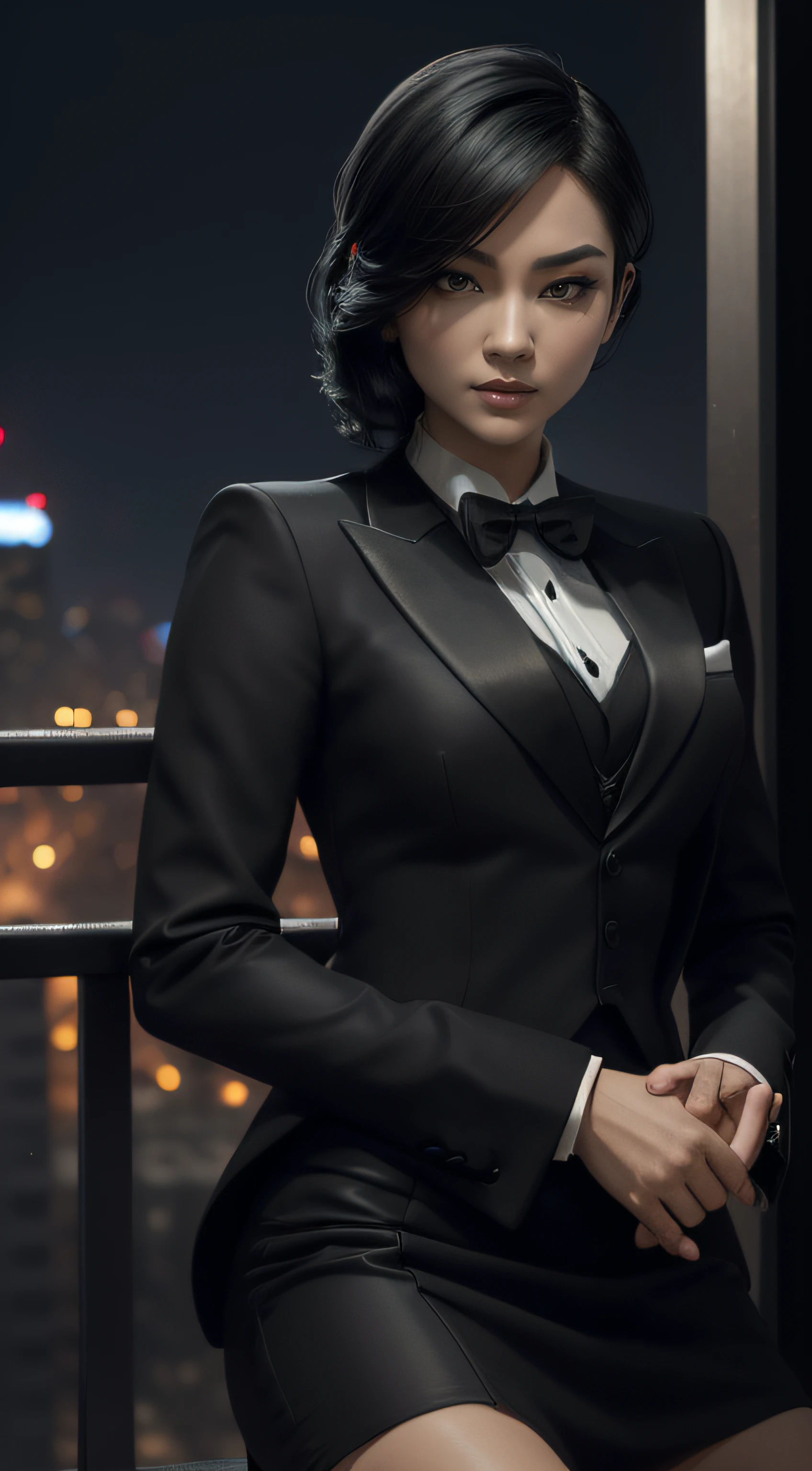 (A beautiful 25 years old Asian Hitwoman), (wolfcut black hair), (pale skin), (serious face), (wearing black and white formal tuxedo), skirt suit, (((tuxedo))), (((dress shirt))), (((black bowtie))), blazer, (((suit jacket))), (((waistcoat))), double-breasted waistcoat, (((bodycon miniskirt))), pencil skirt, tights, pantyhose, white gloves, (city at night background), view from front, waist up shot, dynamic pose, ambient lighting, photo realism, intricate face detail, intricate hand details, highly detailed, vibrant colors, cinematic, high definition, trending on Artstation--style raw, sitting on throne, crossed legs