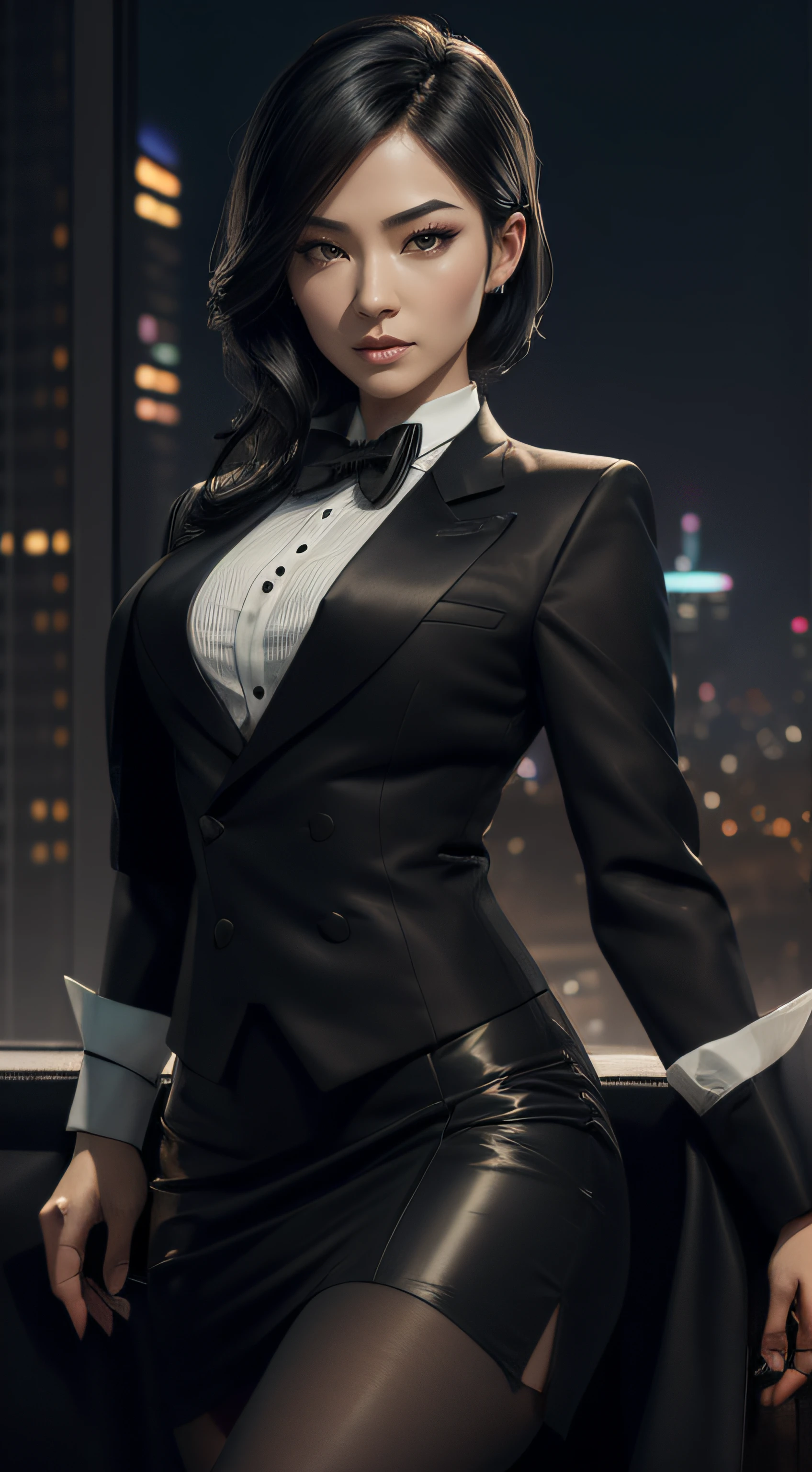(A beautiful 25 years old Asian Hitwoman), (wolfcut black hair), (pale skin), (serious face), (wearing black and white formal tuxedo), skirt suit, (((tuxedo))), (((dress shirt))), (((black bowtie))), blazer, (((suit jacket))), shiny lapels, (((waistcoat))), double-breasted waistcoat, (((bodycon miniskirt))), pencil skirt, tights, pantyhose, white gloves, (city at night background), view from front, waist up shot, dynamic pose, ambient lighting, photo realism, intricate face detail, intricate hand details, highly detailed, vibrant colors, cinematic, high definition, trending on Artstation--style raw, sitting on throne, crossed legs