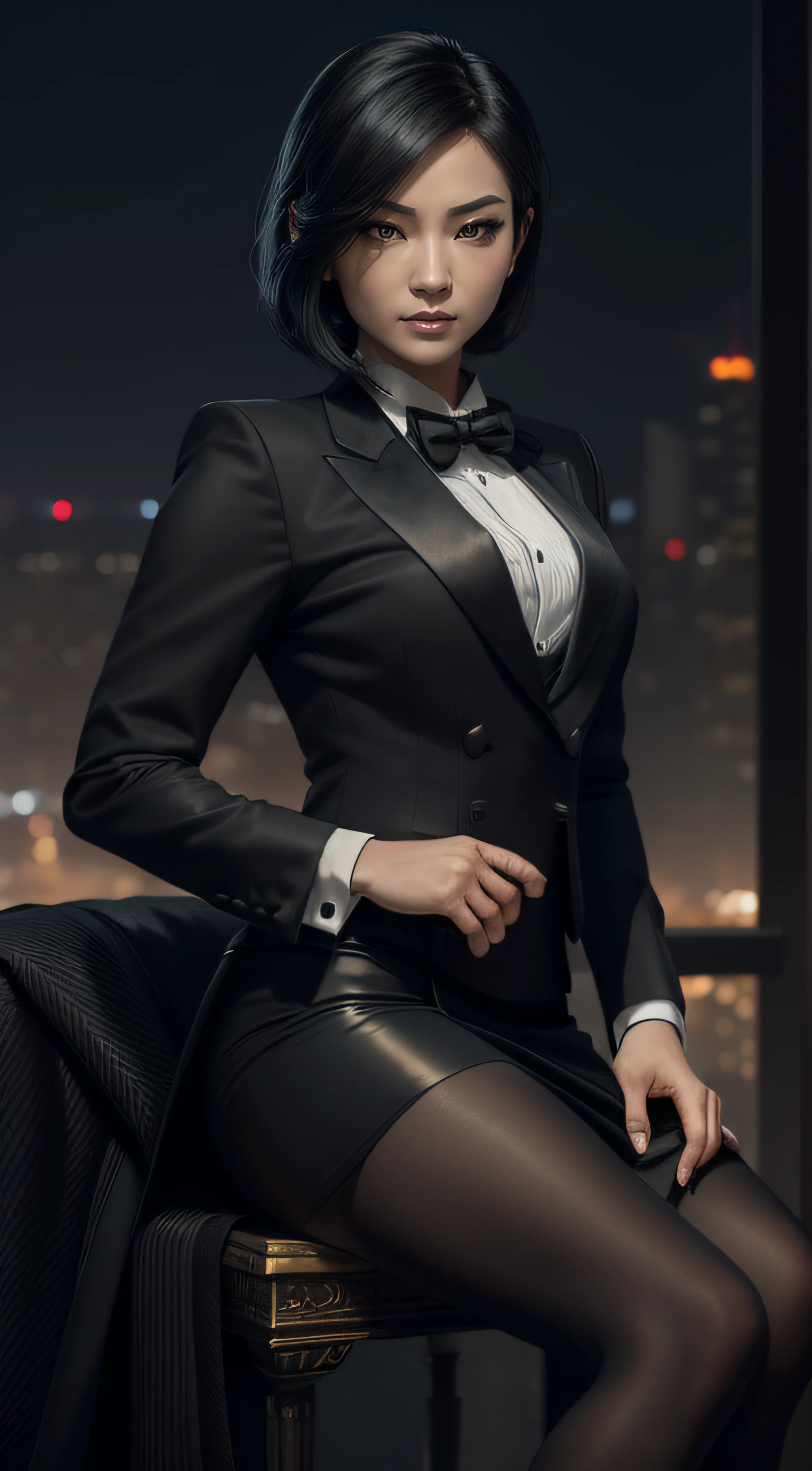 (A beautiful 25 years old Asian Hitwoman), (wolfcut black hair), (pale skin), (serious face), (wearing black and white formal tuxedo), skirt suit, (((tuxedo))), (((dress shirt))), (((black bowtie))), blazer, (((suit jacket))), shiny lapels, (((waistcoat))), double-breasted waistcoat, (((bodycon miniskirt))), pencil skirt, tights, pantyhose, white gloves, (city at night background), view from front, waist up shot, dynamic pose, ambient lighting, photo realism, intricate face detail, intricate hand details, highly detailed, vibrant colors, cinematic, high definition, trending on Artstation--style raw, sitting on throne, crossed legs