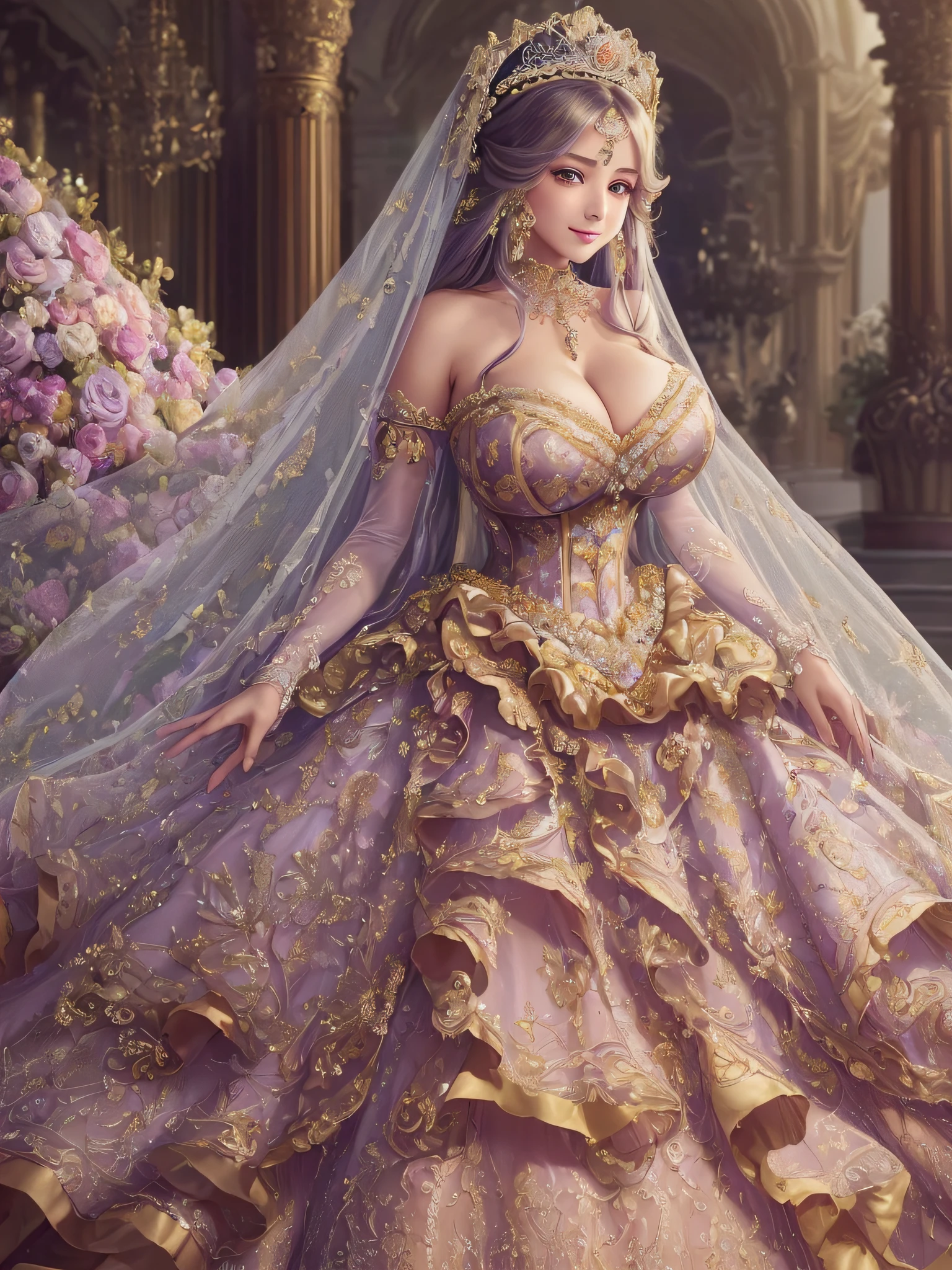 ((anime artstyle)),(Masterpiece),(Best Quality), (Super Detail),(Highly Detailed CG Unity 8k wallpaper),((Very Delicate and Beautiful)),1 lady,((full body portrait)),((standing in garden)),((solo)),(((1 princess in gorgeous embroidery and rhinestone extremely gorgeous rococo princess ballgown with voluminous full length hoop skirt))),(((huge crinoline hoopskirt))),long train,((gorgeous embroidery and rhinestone)),voluminous frills,See-through,(((extremely gigantic tits,skindentation))),cleavage,((absurdly Long Straight Hair,extremely voluminous Straight long Hair,absurdly Long Straight Hair)),(finely detailed face and eyes),((seductive smile,embarrassed)),clear pupil,extremely gorgeousfull hair ornament,(bling-bling jeweled extremely gorgeousfull tiara),((bling-bling gorgeous gemstone jewelry)),gorgeous long veil,((ultra long gloves)),(beautiful background),(full body),((gorgeous embroidery and rhinestone extremely gorgeous rococo princess ballgown with voluminous full length hoop skirt))