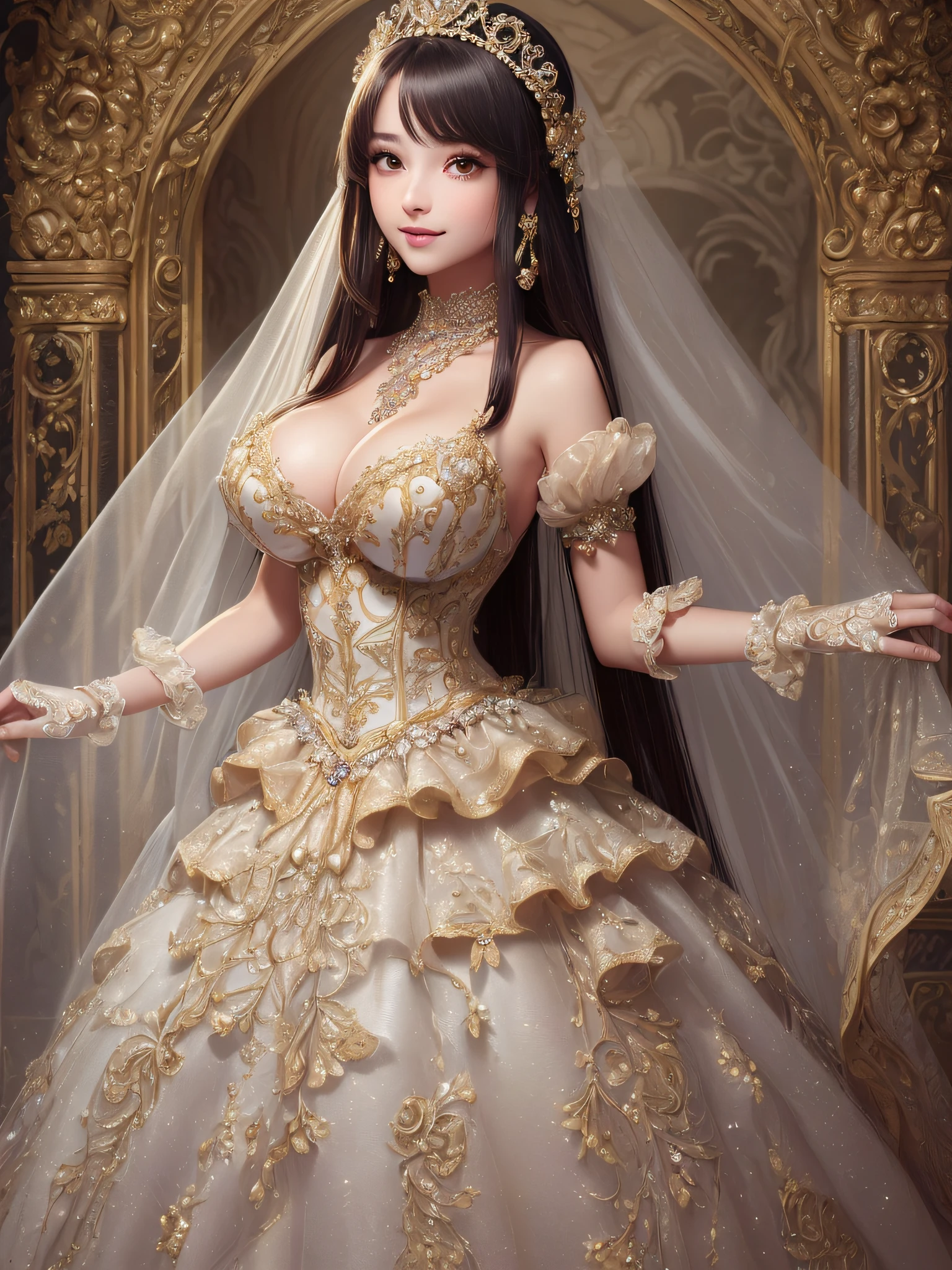 ((anime artstyle)),(Masterpiece),(Best Quality), (Super Detail),(Highly Detailed CG Unity 8k wallpaper),((Very Delicate and Beautiful)),1 lady,((full body portrait)),((standing in garden)),((solo)),(((1 princess in gorgeous embroidery and rhinestone extremely gorgeous rococo princess ballgown with voluminous full length hoop skirt))),(((huge crinoline hoopskirt))),long train,((gorgeous embroidery and rhinestone)),voluminous frills,See-through,(((extremely gigantic tits,skindentation))),cleavage,((absurdly Long Straight Hair,extremely voluminous Straight long Hair,absurdly Long Straight Hair)),(finely detailed face and eyes),((seductive smile,embarrassed)),clear pupil,extremely gorgeousfull hair ornament,(bling-bling jeweled extremely gorgeousfull tiara),((bling-bling gorgeous gemstone jewelry)),gorgeous long veil,((ultra long gloves)),(beautiful background),(full body),((gorgeous embroidery and rhinestone extremely gorgeous rococo princess ballgown with voluminous full length hoop skirt))