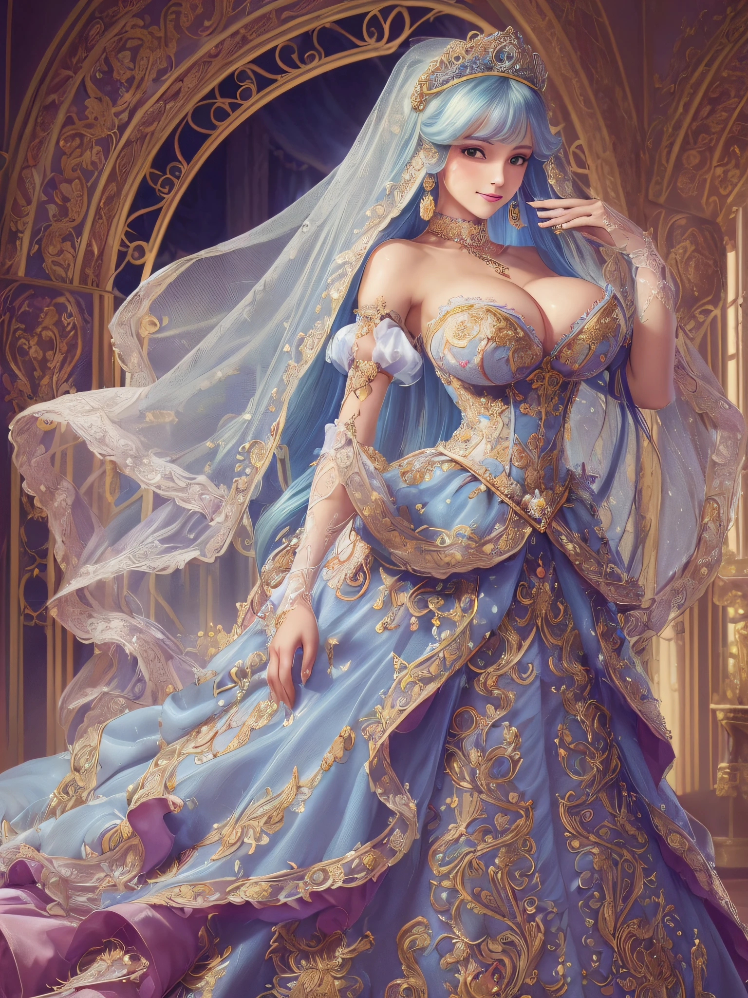 ((anime artstyle)),(Masterpiece),(Best Quality), (Super Detail),(Highly Detailed CG Unity 8k wallpaper),((Very Delicate and Beautiful)),1 lady,((full body portrait)),((standing in garden)),((solo)),(((1 princess in gorgeous embroidery and rhinestone extremely gorgeous rococo princess ballgown with voluminous full length hoop skirt))),(((huge crinoline hoopskirt))),long train,((gorgeous embroidery and rhinestone)),voluminous frills,See-through,(((extremely gigantic tits,skindentation))),cleavage,((absurdly Long Straight Hair,extremely voluminous Straight long Hair,absurdly Long Straight Hair)),(finely detailed face and eyes),((seductive smile,embarrassed)),clear pupil,extremely gorgeousfull hair ornament,(bling-bling jeweled extremely gorgeousfull tiara),((bling-bling gorgeous gemstone jewelry)),gorgeous long veil,((ultra long gloves)),(beautiful background),(full body),((gorgeous embroidery and rhinestone extremely gorgeous rococo princess ballgown with voluminous full length hoop skirt))