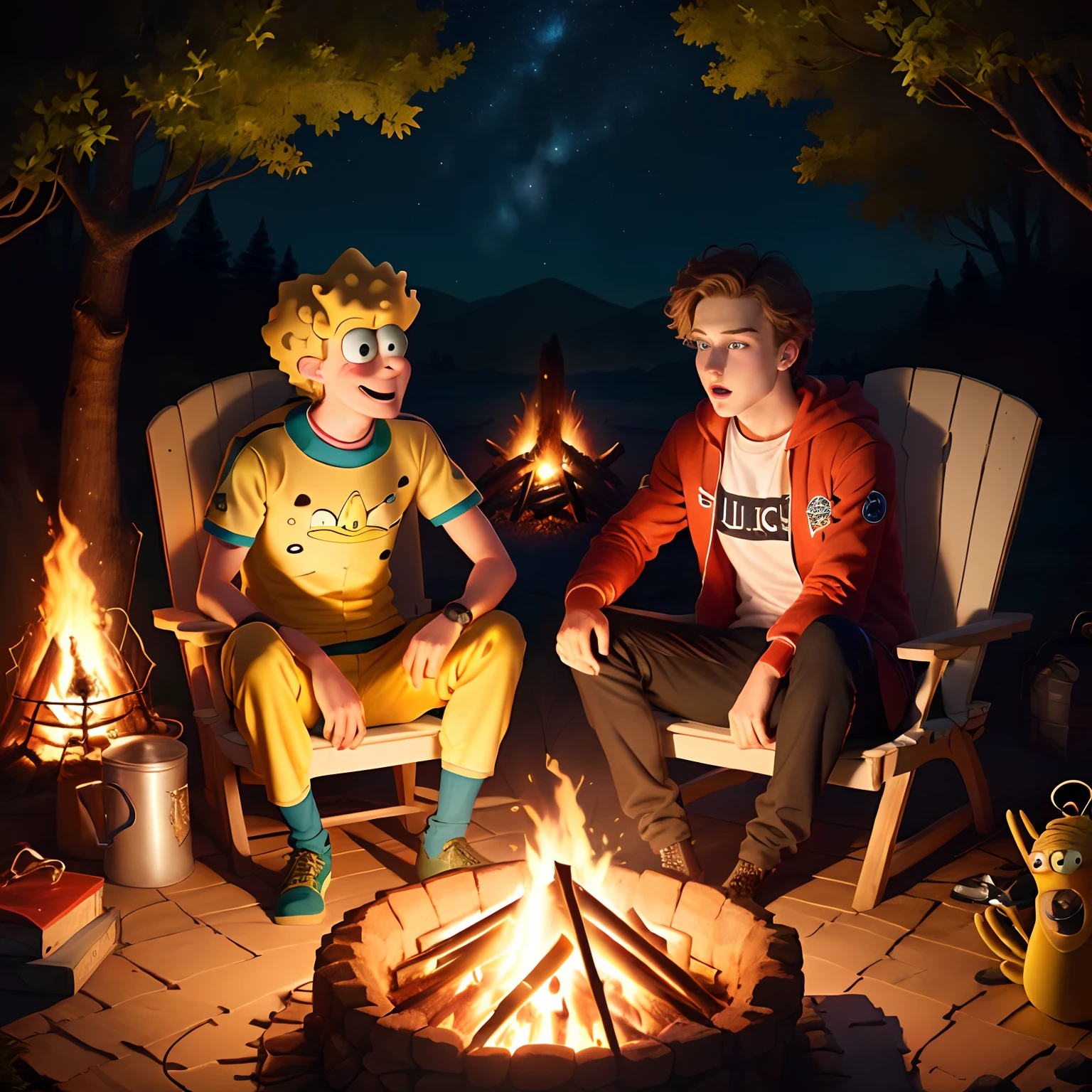 spongebob and patrick wearing gucci sitting around a campfire