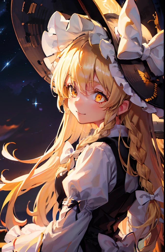 blonde_hair, long_hair, bow, yellow_eyes, braid, single_braid, hat_bow, smile, hair_bow, white_bow, bangs, , (Highly detailed CG Unity 16K wallpaper:1.1), night sky, stars,anime beautiful anime hair,masterpiece, extremly detailed, ((Cinematic lighting)), (glowing), ((dramatic lighting)), ((beautiful detailed glow)), intricate detail,