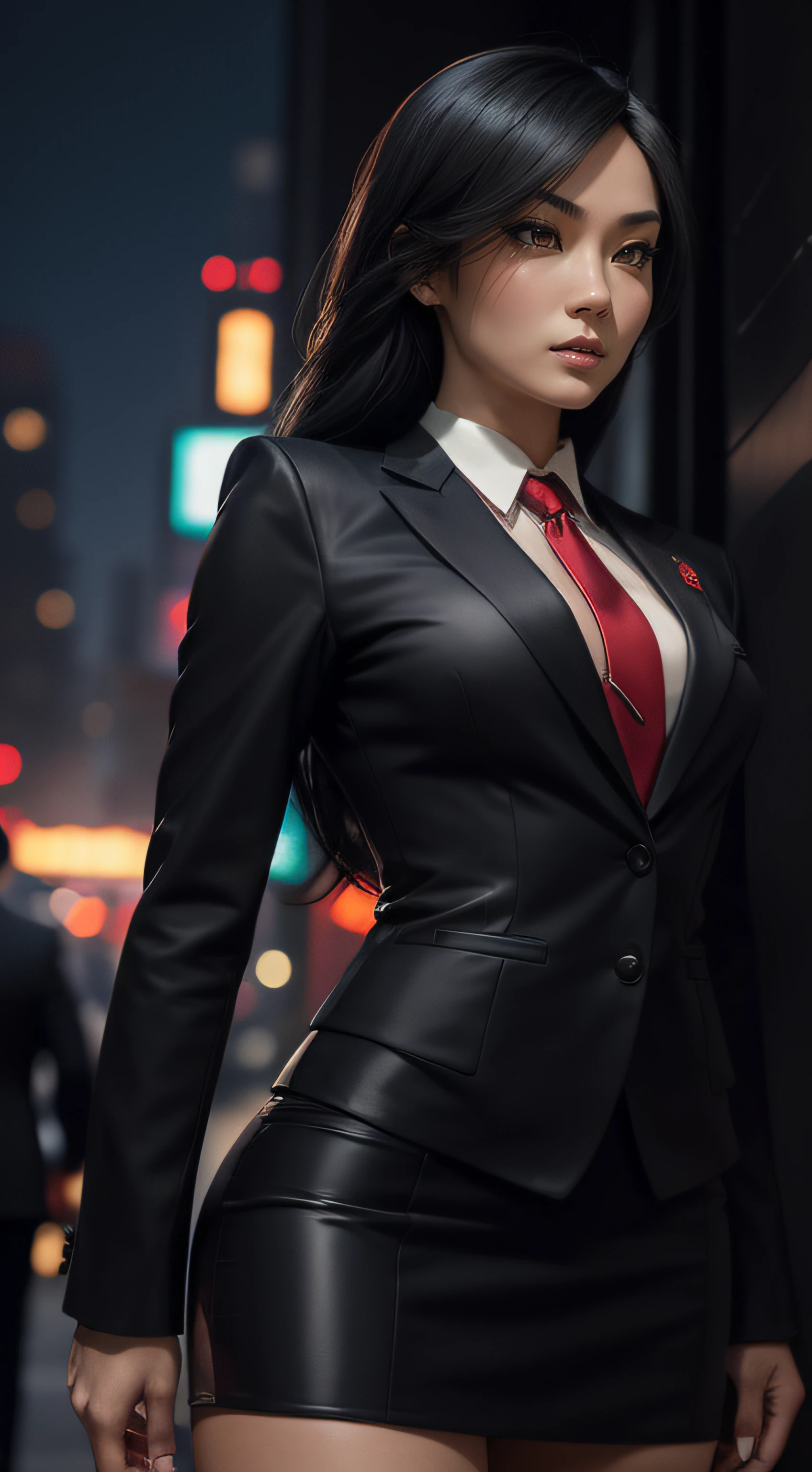 (A beautiful 25 years old Asian Hitwoman), (wolfcut black hair), (pale skin), (serious face), skirt suit, (((three-piece suit))), (((dress shirt))), (((necktie))), blazer, (((red suit jacket))), black shiny lapel (((waistcoat))), double-breasted waistcoat, (((bodycon miniskirt))), pencil skirt, tights, pantyhose, white gloves, (city at night background), view from front, waist up shot, dynamic pose, ambient lighting, photo realism, intricate face detail, intricate hand details, highly detailed, vibrant colors, cinematic, high definition, trending on Artstation--style raw,