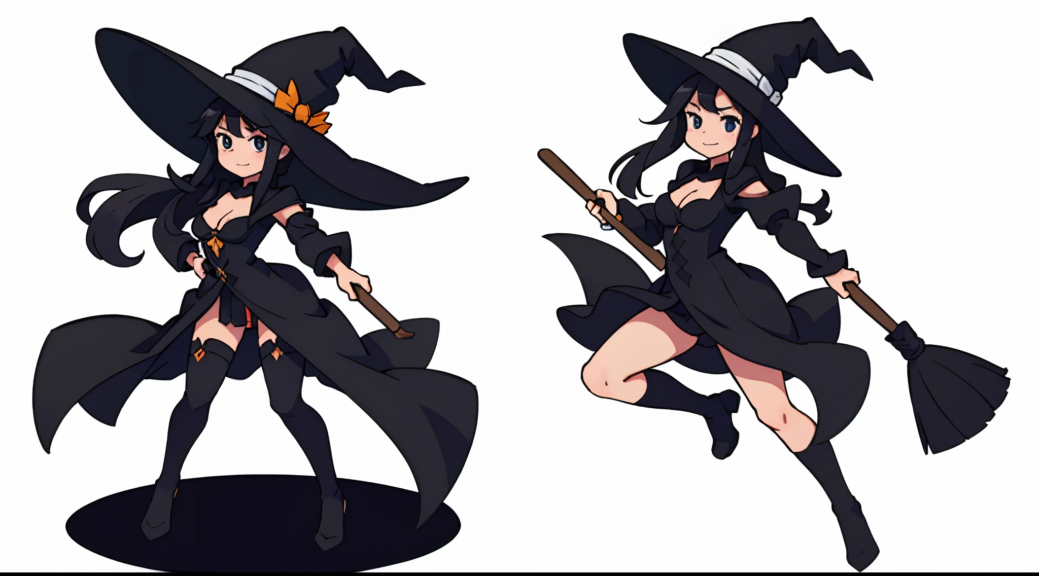 Full body picture of sexy witch riding broom, long black hair, wearing black witches hat, white background. Design sheet, different poses. White background.