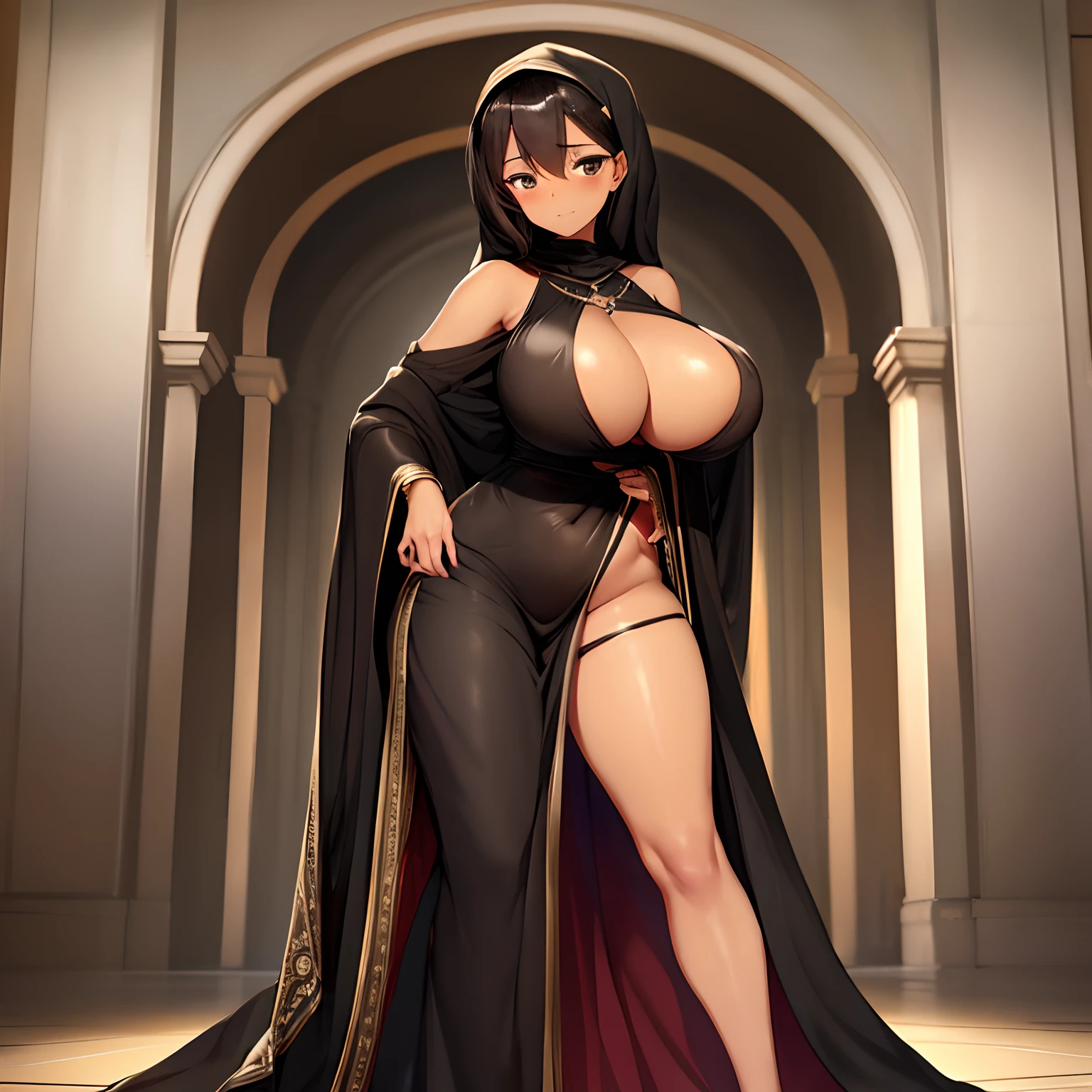 female, dark brown skin, dark brown eyes, black hair, black hijab, black abaya, blushing, big boobs, wide hips, , nsfw, sexy, curves, tan, very tan, big ass