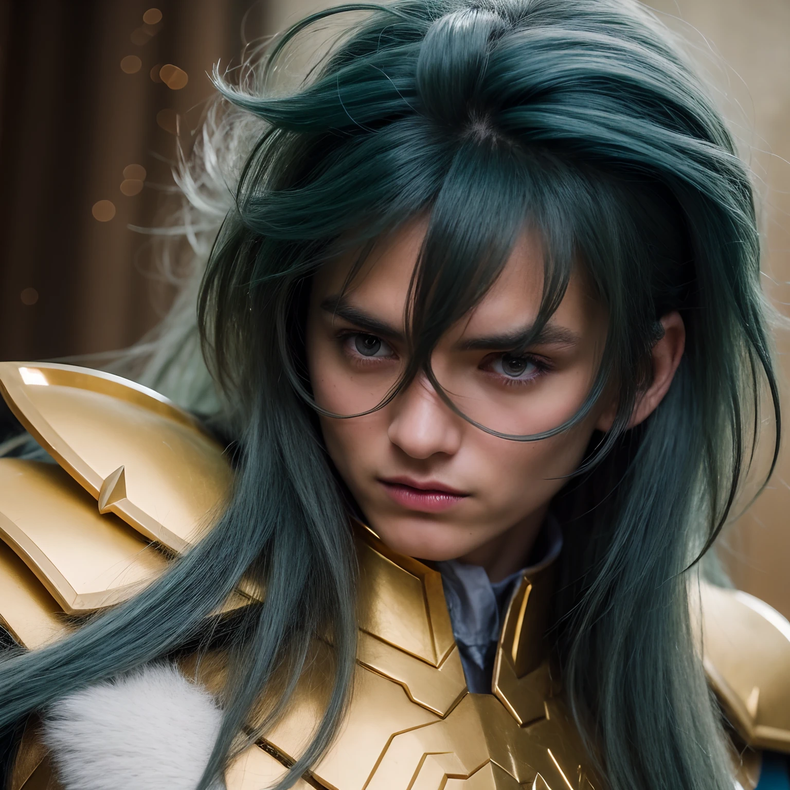 cinemactic, incrivelmente detalhado e ultrarrealista, Camus of Aquarrius Saint Seiya. Close up. He's wearing pretty realistic golden armor. Armadura dourada brilhante. Bright golden armor. Octane is the perfect tool to capture the softest details of this 16k photography masterpiece. He is a handsome white man about 35 years old. 1 homen. ((French man)). beautiful face. Rosto detalhado. Nariz bonito. (Olhos azuis muito grandes). olhos perfeitos. ((depilado)).  Strong expression. He has long light teal blue hair. messy hair with bangs. messy hair. Pelas de rosas flutuando em torno ele. Landscape starry sky.