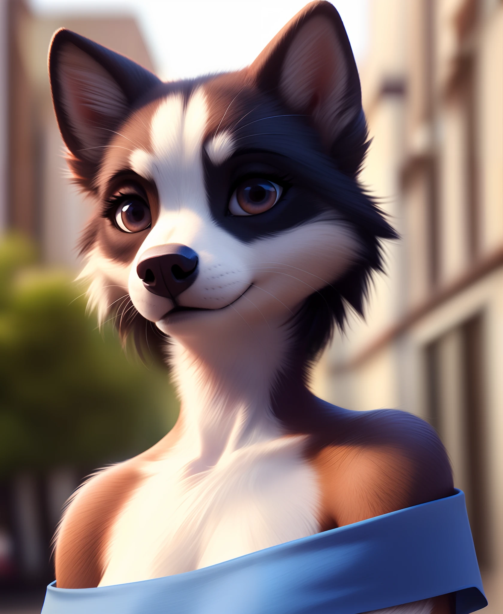 (Professional photo, photo filter, real photo, super realistic:1.2), (by qupostuv35:0.8), (by siroc:0.8), female, (Detailed face), [(thin:1.1) : small petite : (Border Collie):4], (Detailed face), (more details, detailed background:1.1), lush eyelashes, tail, shoulder, off-shoulder blouse, portrait, , looking at viewer,