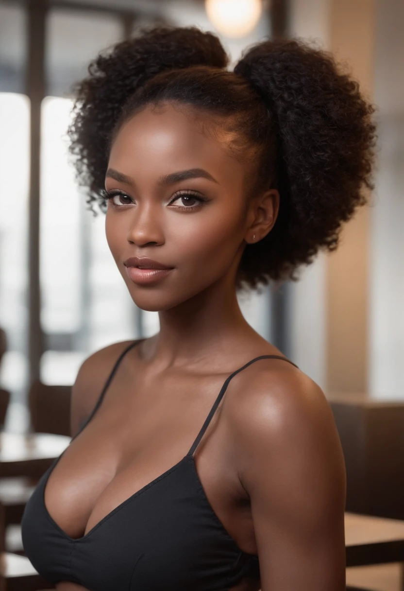 ((Dark African skin, Very deep ebony skin)), ((Its beauty is undeniable)), ((cute excited face)), ((Hyper detailed perfect eyes,)), ((pose mignonne)), ((Langue sortie)), ((Attirant )), sexy, (( Tight knit shirt, shorts courts sexy)), ((Afro curly African hair afro ponytail afro,)), (( peau)), ((debout, vue de face)), ((toucher ses propres jambes dans une pose sexy)), ((in a cafeteria)), CGI ciblé, Fotorrealista, High detail, Realstic, Master part, Absurde, Best quality, Hdr, highly quality, high-definition, extremly detailed, 8k wallpaper, intricate high detail, 8K UHD, Full-HD, (photo realist:1.2), contraste, intense illumination, lighting cinematic, natural lighting, hard light, contre-jour, Illumination globale, occlusion ambiante