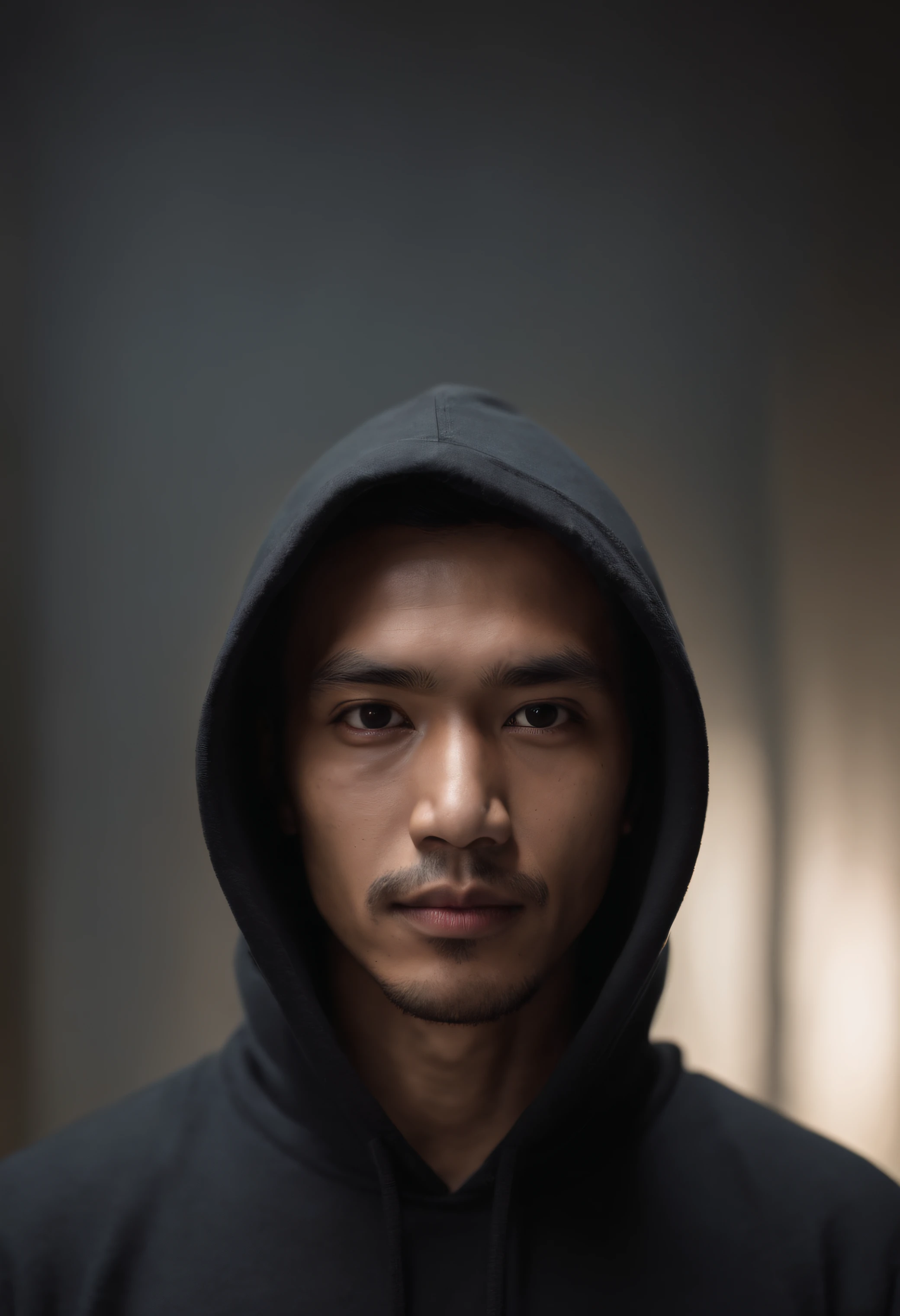 a 3d image of a mysterious, creepy, Malay man that looked shrouded in mysteries wearing a black hoodie