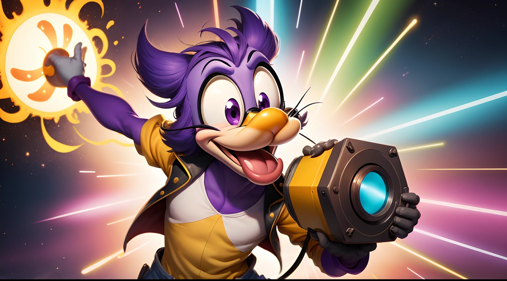 Goofy from Disney but colored purple laughing maniacally at explosions while holding a radar device and wearing spy glasses