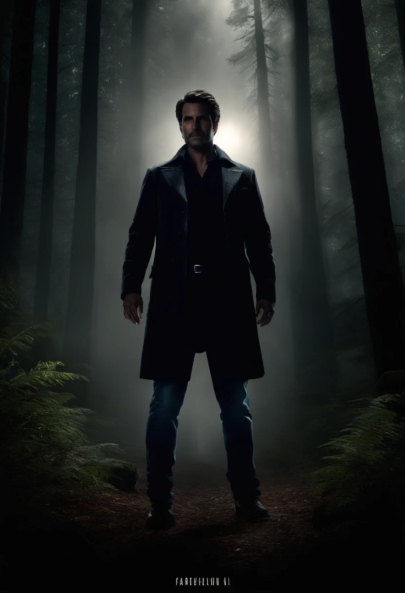 Imaginez Alan Wake, Dressed in his signature outfit - a black sports jacket, Faded jeans and a flashlight in hand. It stands in the middle of a dark, misty forest, les arbres sinistres se dressant autour de lui. The beam of his flashlight pierces the darkness, revealing disturbing shadows dancing on the forest floor. (Style : UHD)