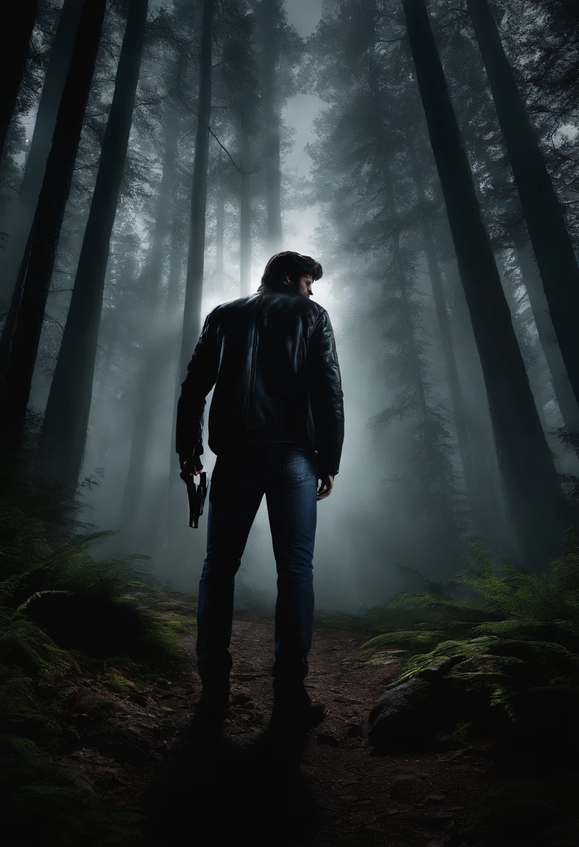 Imaginez Alan Wake, Dressed in his signature outfit - a black sports jacket, Faded jeans and a flashlight in hand. It stands in the middle of a dark, misty forest, les arbres sinistres se dressant autour de lui. The beam of his flashlight pierces the darkness, revealing disturbing shadows dancing on the forest floor. (Style : UHD)