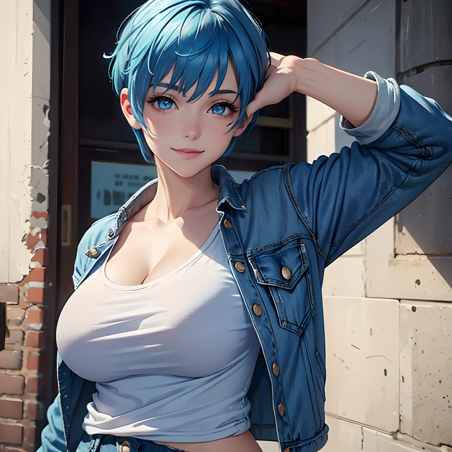 (best qualityer, ultra detali, photorrealistic: 1.39), bright and vibrant colors, studio lighting, romantic expression, short jeans, Strapless dress, platinum undercut, colored hair, breasts small, adjusting, shorth hair, mercenary, sorriso sexy