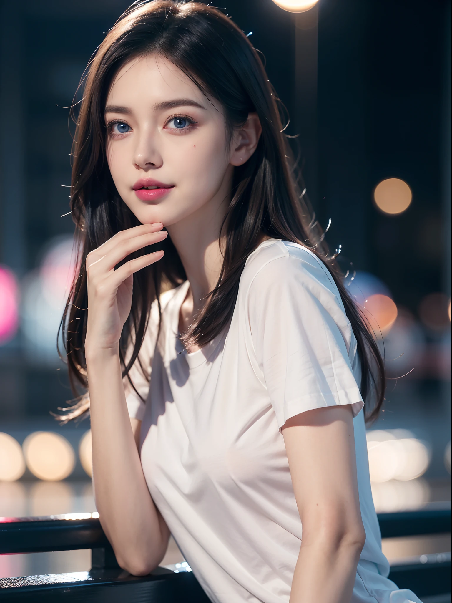 1girl, ultra realistic, ultra detail, photo realistic, reaistic, 4k, blue eyes, dark hair, realistic hair, beauty make up, white o neck tshirt, cute smilling, pink lips, perfect eyes, perfect lip, background night city bokeh, profesional lighting