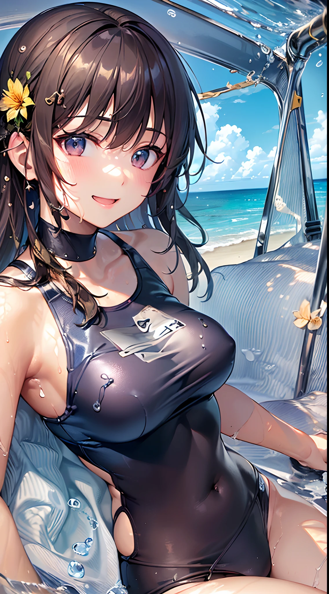((Finest quality)),(超A high resolution),(ultra-detailliert),(Meticulous portrayal),((Best CG)),(Finest works of art),Ultra-Precision Art,The art of astounding depiction, suns:1.5,the beach:1.5, (1人の女性:1.5),(swim wears:1.5),a smile,