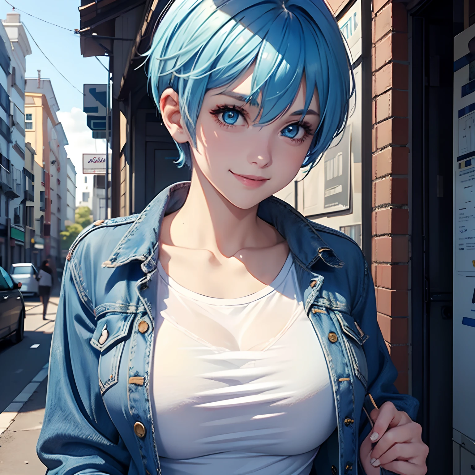 1girl, blue hair, blue eyes, pixie cut, large breasts, jean jacket, white t-shirt, smiling