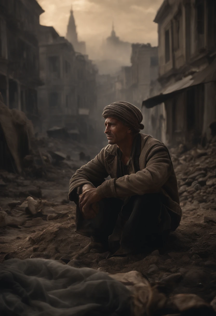 Ultra-realistic depiction of a man sitting with sorrow, agony, ((dried tears drops)), with cap, dusty face and cloth,(( a destructed city in background, fire, ((human corpse on ground)), some people are crying, destroyed building)), a butterfly sits on her forefinger, (((she is looking at the butterfly and a little bit smile))), hyper detailed, dynamic color, black and gray shade, super emotional picture, set against a hauntingly dark backdrop and surrounded by swirling dark smoke. The image should be in a captivating 3:4 format."