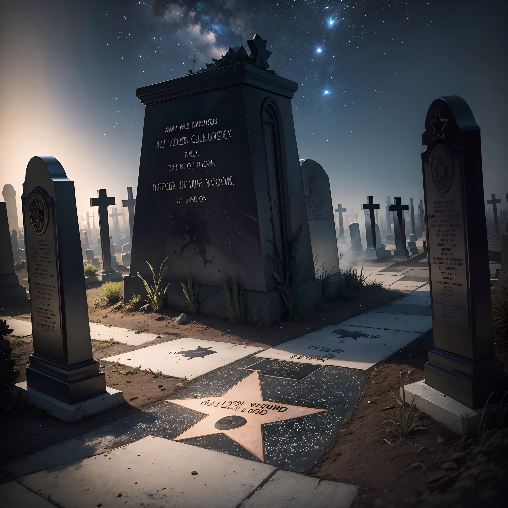 Scenery Cemetery with Grave and Smoke and the Sidewalk of Stars Hollywood Dark Aspect Dark Night Smoke Scenery Spooky Walk of Fame Stars Stars on the Ground with stars on the floor and hollywood outdoor