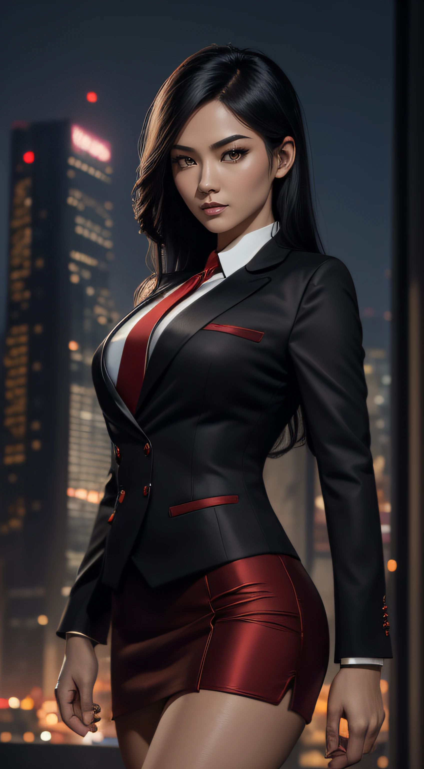 (A beautiful 25 years old Asian Hitwoman), (wolfcut black hair), (pale skin), (serious face), skirt suit, (((three-piece suit))), (((dress shirt))), (((necktie))), blazer, (((red suit jacket))), black shiny lapel (((waistcoat))), double-breasted waistcoat, (((bodycon miniskirt))), pencil skirt, tights, pantyhose, pocket square, tie clip, cufflinks, (city at night background), view from front, waist up shot, dynamic pose, ambient lighting, photo realism, intricate face detail, intricate hand details, highly detailed, vibrant colors, cinematic, high definition, trending on Artstation--style raw, on hands and knees, , aroused,