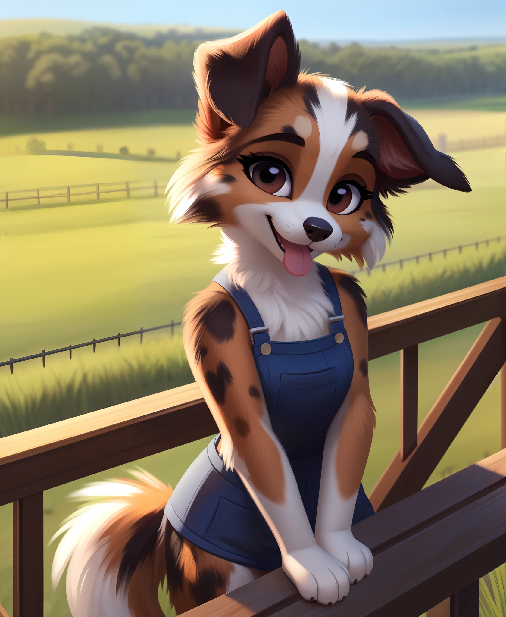 (by qupostuv35:1.0), (by siroc:0.8), female, (Detailed face), [(thin:1.1) : small petite : (Australian shepherd):4], (Detailed face), (more details, detailed background:1.1), lush eyelashes, tail, teases with tongue, (field:1.2), at the ranch, leaned on the railing,, looking at viewer,