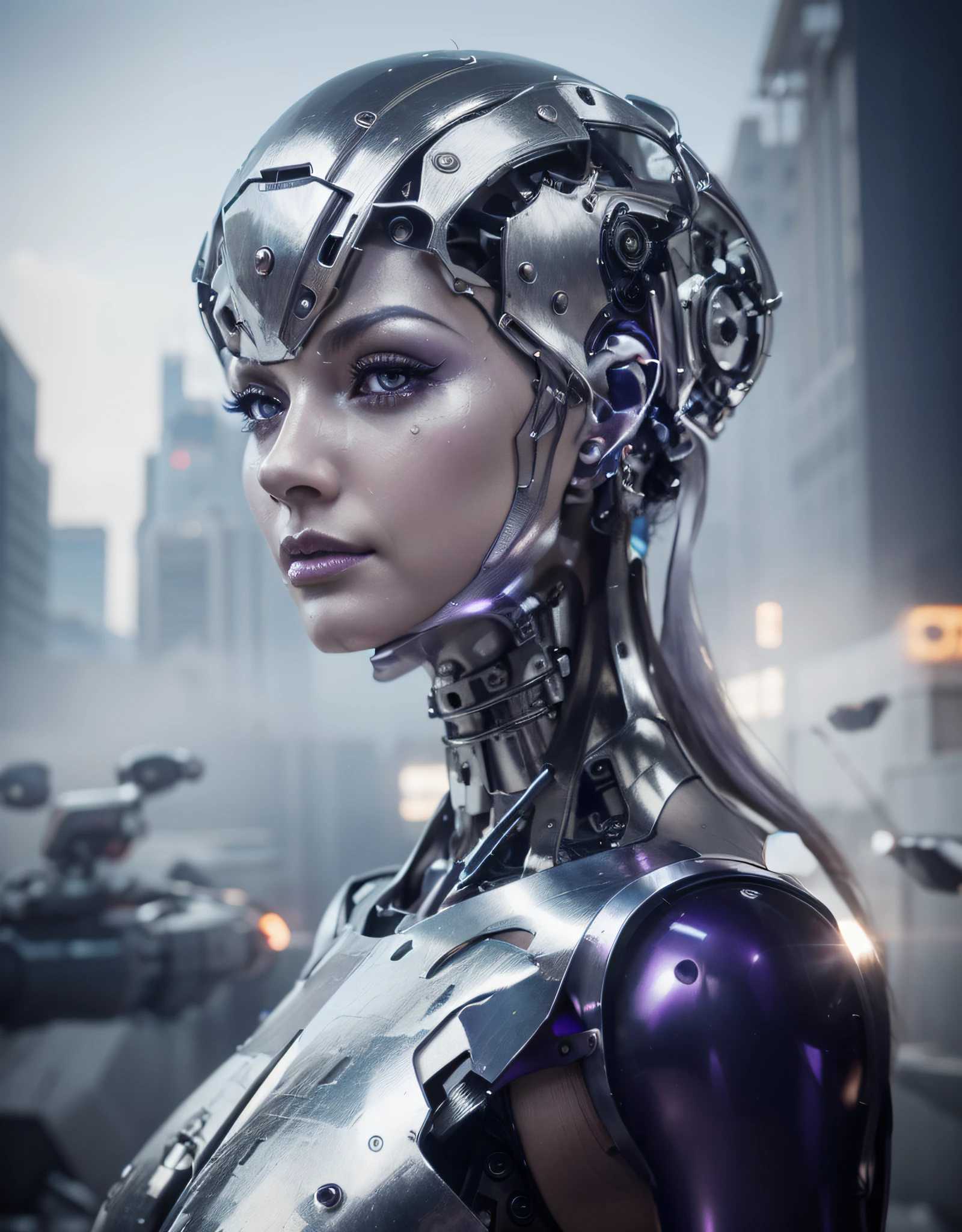 beautiful robotic woman biological face art deco style movie Metropolis metallic silver color, realistic metallic texture, purple eyes, purple details, tubes and cables, she in a city destroyed in flames, cables and pipes, ultra realistic, Ultra detailed, Hyper realistic, 4k , Ultra detailed image, realistic, Highly detailed, perfect composition, beautiful intricately detailed incredibly detailed, 8K fine art photography, hyper detailed, Masterpiece