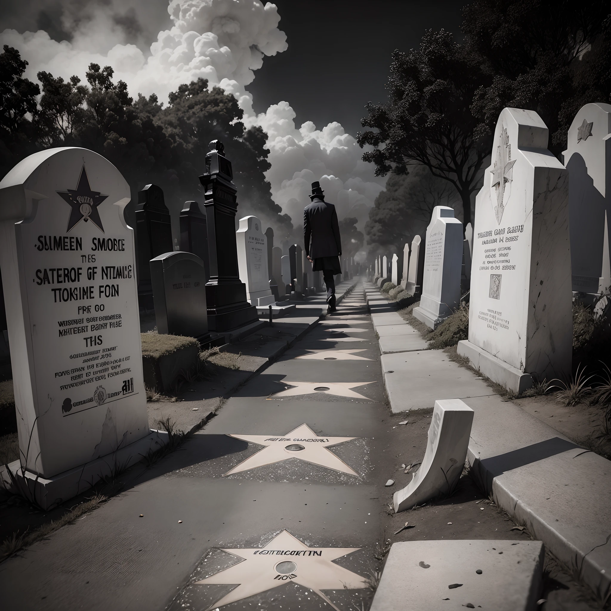 Scenery, Walk of Fame, Walk of the Stars with smoke at night and cemetery, some spooky graves