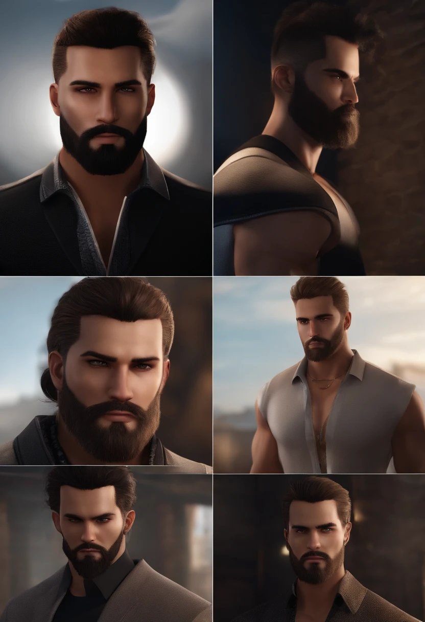 This is vinnix, a character from the game imvu, A virtual world game where the characters are very realistic, This character has a beard and a scar on his eyes, and a well-defined physique, Recreate more photos of this same character in the same art style of a game character but a very realistic image like a 3d game character, with very realistic textures and lighting