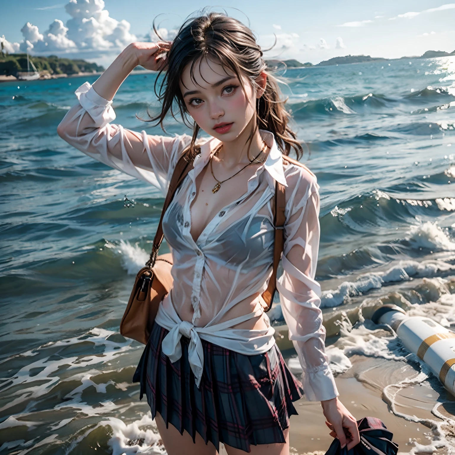 woman in a plaid skirt in the water, of a girl posing, beach pic, dressed as schoolon a sunny beach, wet shirt, in the beach, white sarong, at the sea, wearing in shirt, open shirt, wearing a kilt, posing on the beach, on a lake, on a beach, on beach,  wet clothes, soaked, drenched, in water