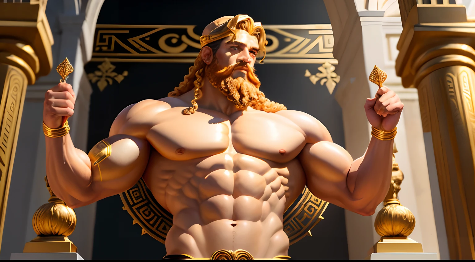 Crie inteiro imagem inteira corpo inteiro 8K inspiradora representando um Zeus grego ,Forte, olhando para o lado, immortalized as a bust statue, Single bust statue, com detalhes minuciosos, com fundo dourado brilhante, mostra imagem por completo