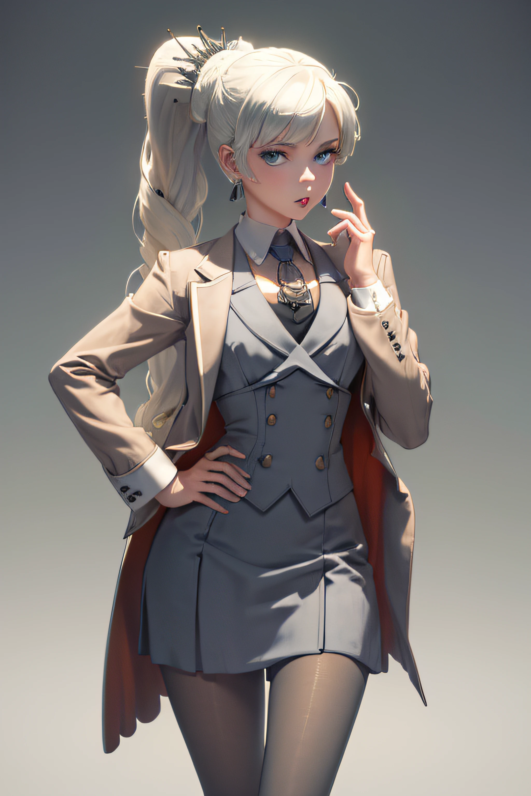 (masterpiece, best quality:1.2), cowboy shot, solo, 1girl, weissvale, looking at viewer, hand on hip, ponytail, scar on eye,  skirt suit, (((three-piece suit))), necktie, blazer, (((suit jacket))), (((waistcoat))), double-breasted waistcoat, bodycon miniskirt, pencil skirt, tie clip, pocket square, pocket watch, pantyhose, high heels, earrings