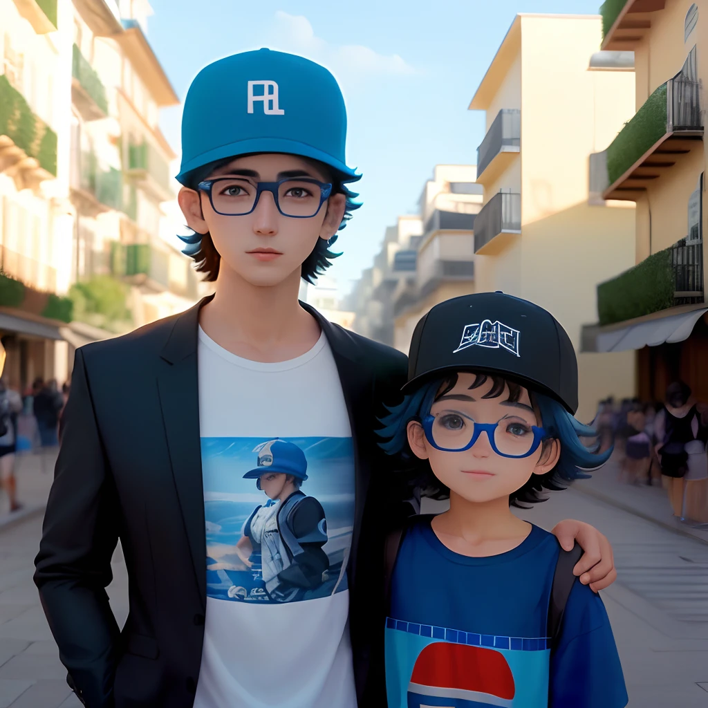 crea una foto con un chico con el pelo para atras con gorra azul con negro, lentes y que traiga puesto una gabardina estilo anime