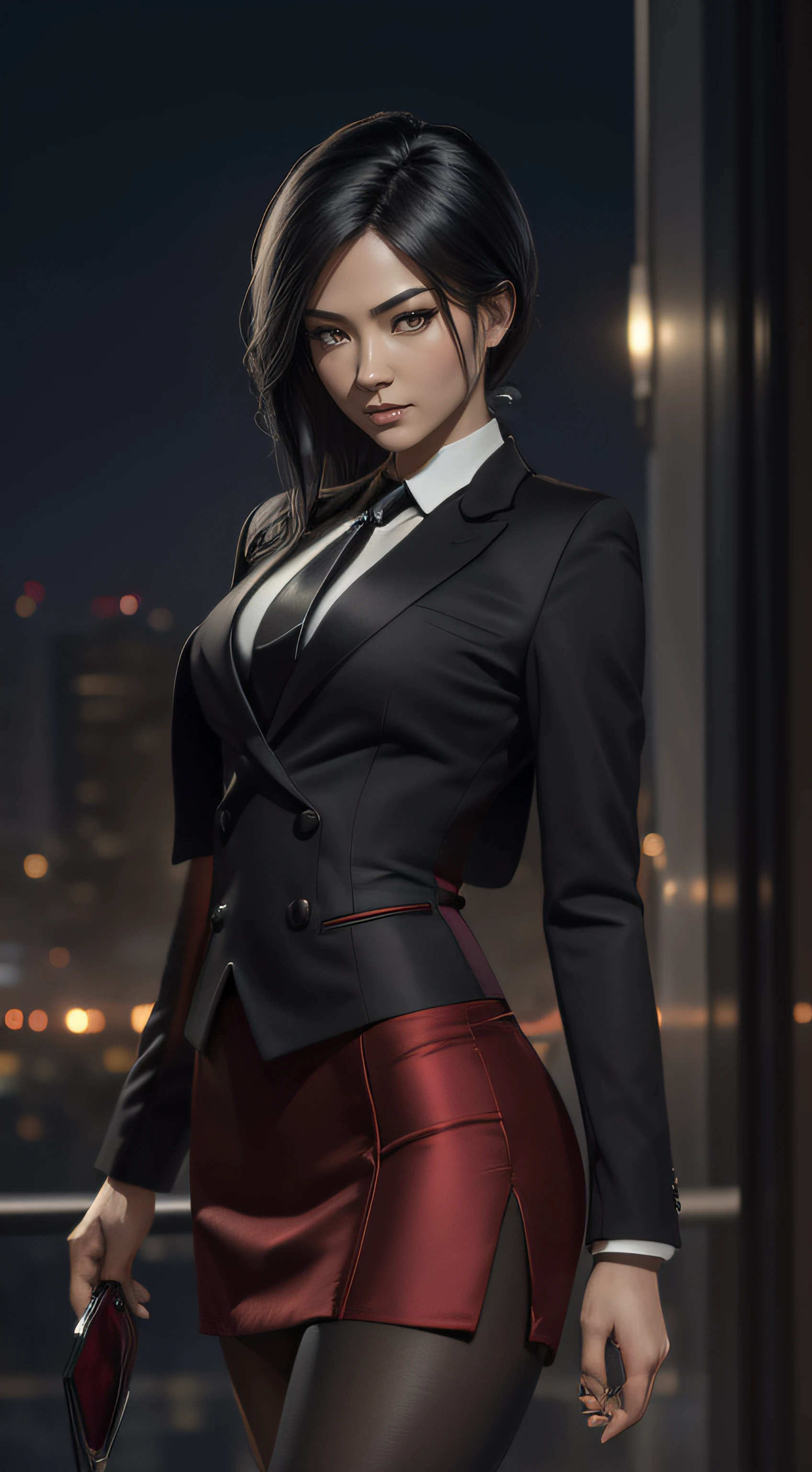 (A beautiful 25 years old Asian Hitwoman), (wolfcut black hair), (pale skin), (serious face), skirt suit, (((three-piece suit))), (((dress shirt))), (((necktie))), blazer, (((red suit jacket))), black shiny lapel (((waistcoat))), double-breasted waistcoat, (((bodycon miniskirt))), pencil skirt, tights, pantyhose, pocket square, tie clip, cufflinks, (city at night background), view from front, waist up shot, dynamic pose, ambient lighting, photo realism, intricate face detail, intricate hand details, highly detailed, vibrant colors, cinematic, high definition, trending on Artstation--style raw, on hands and knees, , aroused,