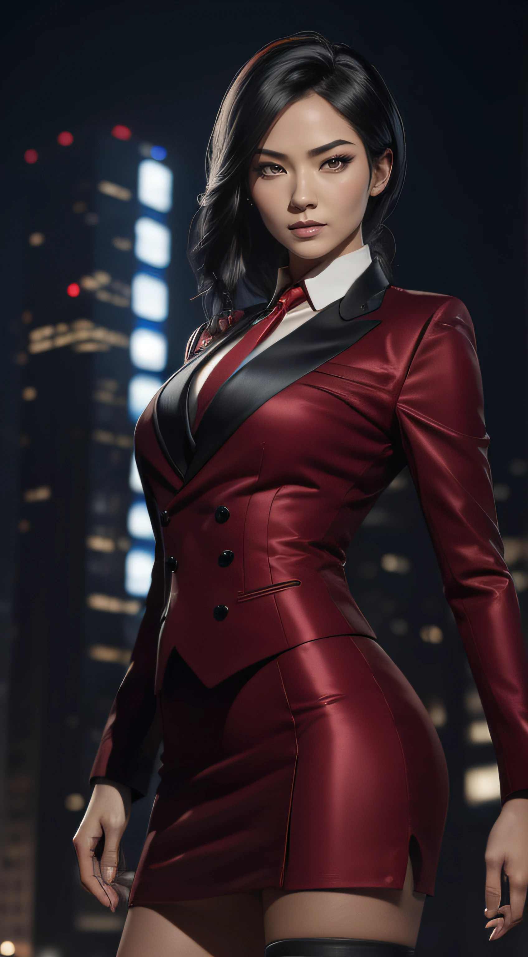 (A beautiful 25 years old Asian Hitwoman), (wolfcut black hair), (pale skin), (serious face), skirt suit, (((three-piece suit))), (((dress shirt))), (((necktie))), blazer, (((red suit jacket))), black shiny lapel (((waistcoat))), double-breasted waistcoat, (((bodycon miniskirt))), pencil skirt, tights, pantyhose, pocket square, tie clip, cufflinks, (city at night background), view from front, waist up shot, dynamic pose, ambient lighting, photo realism, intricate face detail, intricate hand details, highly detailed, vibrant colors, cinematic, high definition, trending on Artstation--style raw, on hands and knees, , aroused,