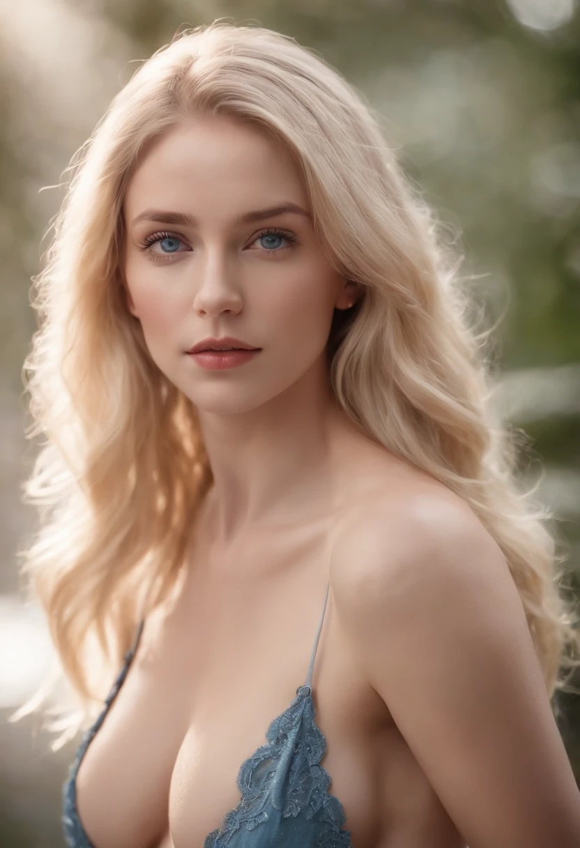 Very Realistic woman, with blonde hair and blue eyes masterbating, full body shot, and show fully nude breasts