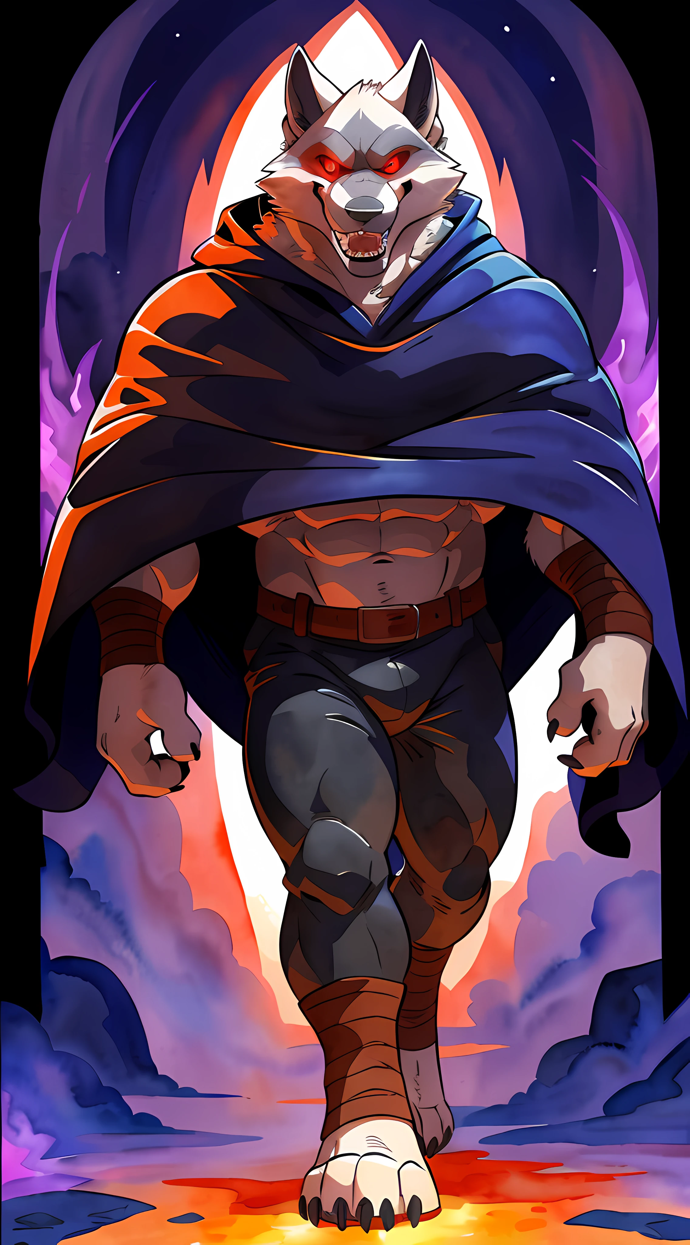 deathwolf, 4k, high resolution, best quality, posted on e621, solo, anthro body, male, adult, very masculine, (very muscular, defined muscles:1.2), cartoony proportions, (no background, black background, framed by purple fire:1.1), (by wfa:1.0), (by negger:1.0), (by echin:0.5), (detailed eyes, red eyes, evil eyes, glowing eyes, looking at camera:1.1), (cel shaded:1.2), cartoony shading, confident, proud, strong, serious eyes, open mouth, smile, (full body, front view, walking towards camera, arms spread:1.2), (watercolors:1.0), (black pants, cloak, poncho), (dramatic lighting, glow, darkness:1.2)