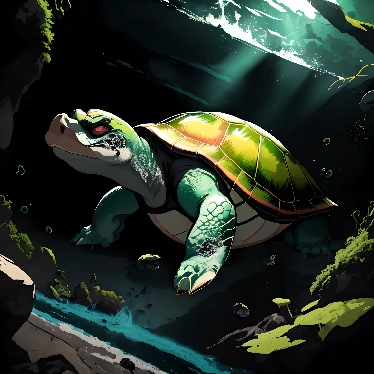 um logotipo de mascote de tartaruga para uma equipe de esportes, mascote da equipe esportiva, Mascot illustration, as an anthropomorphic turtle, tartaruga guerreira, an anthropomorphic turtle, anthropomorphic turtle hero, anthropomorphic turtle, logotipo esportivo, high school mascot, design do logotipo do patch, logotipo do jogo, tartaruga, A tartaruga simulada, tartarugas de batalha, design de patch, A Detailed Illustration of the Angry Turtle, Desportivo, verde brilhante, detalhes preto, logotipo em forma de escudo, #69E200 hexadecimal, segunda cor azul, logotipo do futebol, Escuro, lo gothic, design de camisetas, no estilo do Studio Ghibli, cores tetradicas pastel, arte vetorial 3D, bonito e peculiar, Arte de Fantasia, verde brilhante, Adobe Illustrator, hand-drawn, Pintura digital, Minimalista, baixo-poli, soft lighting, scenic view, isometric style, retro aesthetics, focado no personagem, 4k resolution, photorealistic render, usando o Cinema 4D, tartaruga expressiva cartoon raivosa, Angry expression of detailed anger, Raivosa, dentes rangendo, Furioso, nervoso, raiva