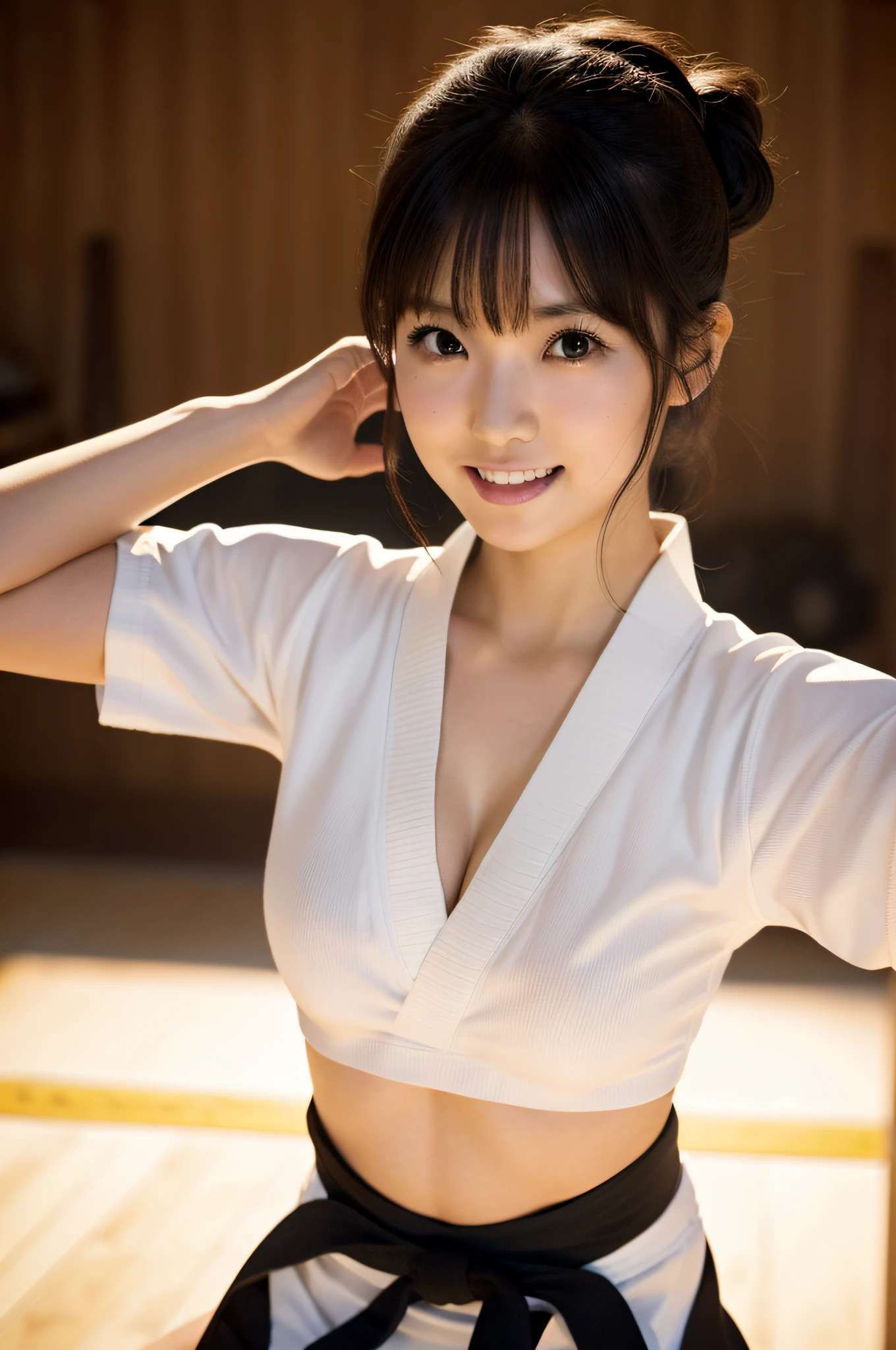 Content: Solo Idol, Eri Kamei from Morning Musume, Dressed as a karate player with a black belt traditional karate gi. She's in the middle of a tough training session, Perform powerful karate moves. softness、stretch、Beauty stands out with a cute expression, Cleavage tips, and a dazzling smile showing off her white teeth.
Medium: Photography.
Style: Ultra-realistic, Reminiscent of high-end fashion chutes.
Lighting: natural, Soft lighting from the sides to emphasize the contours of her face and body.
Colors: Rich and vibrant, Emphasize the contrast between her karate castle and dojo floor.
Composition: captured with a Canon EOS 5D Mark IV DSLR camera, EF 50mm f/1.8 STM lens, Resolution 30.4 megapixels, ISO sensit: 32,000, Shutter Speed 1/800 sec.
--ar 16:9 - V5.1 --Style raw --Q 2 --S 750