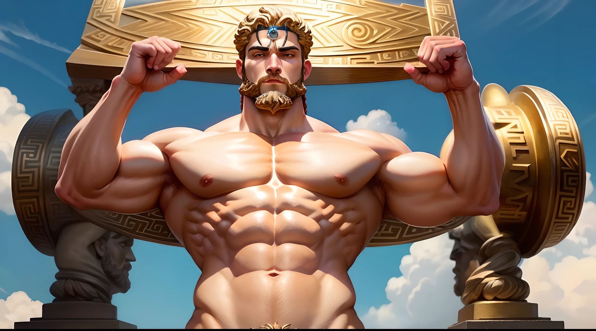 Crie uma imagem inteira corpo inteiro 8K inspiradora representando um Zeus grego ,Forte, olhando para o lado, immortalized as a bust statue, Single bust statue, com detalhes minuciosos, com fundo dourado brilhante, mostra imagem por completo
