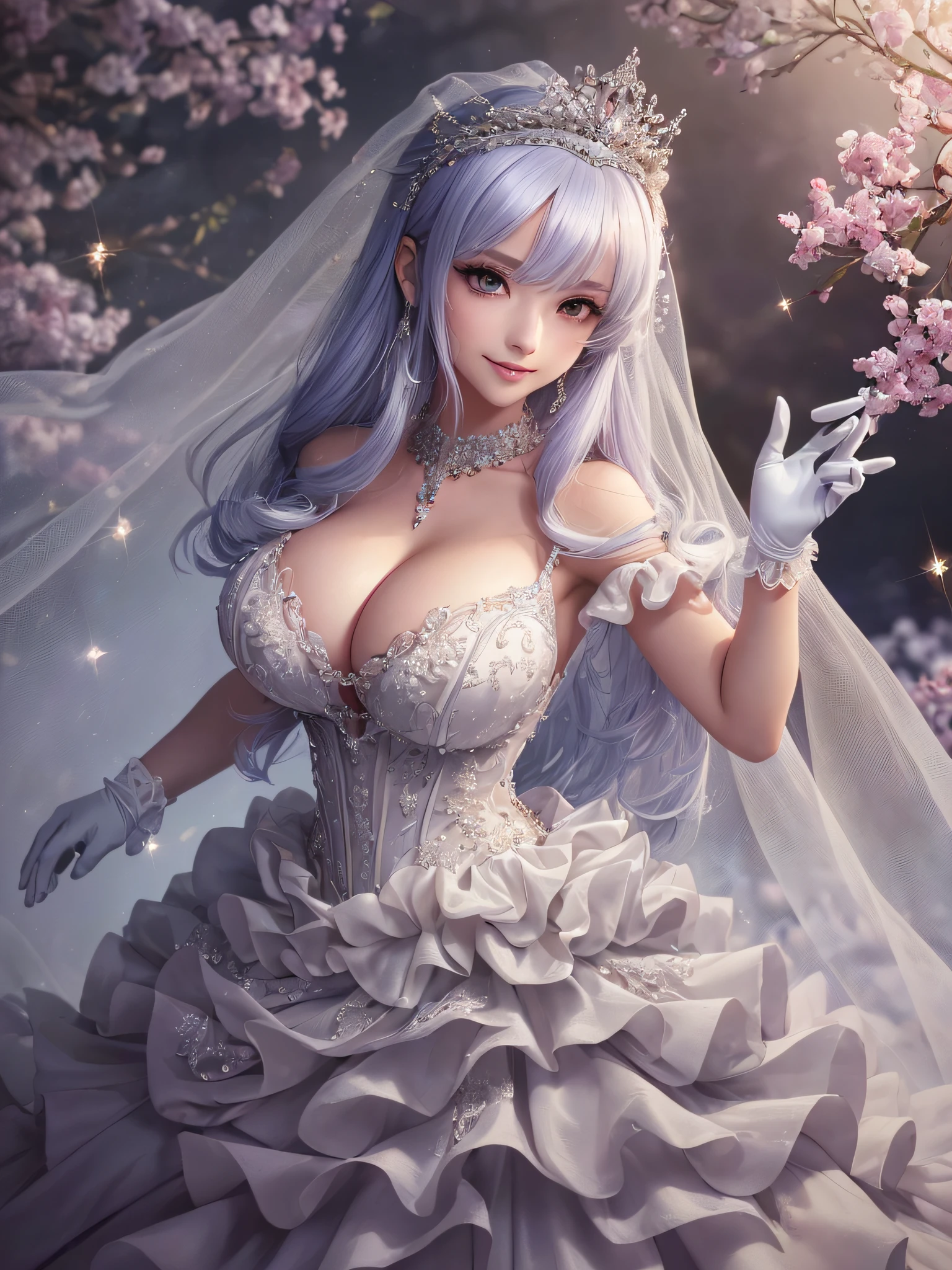 ((anime art style)),(masutepiece),(Best Quality), (Super Detail),(Highly detailed CG Unity 8k wallpaper),((Very delicate and beautiful)),1 Lady,((Full body portrait)),((Stand in the garden)),((Solo)),(((One princess in intricate puffy ball gown with lots of ruffles and rhinestones ))),(((Giant crinoline hoop skirt))),Long Train,((Gorgeous embroidery and jewelry)),voluminous ruffles,See-through,(((very very gigantic boobs,Skindentation))),cleavage,((Ridiculously long straight hair,Very voluminous straight long hair,Ridiculously long straight hair)),(finely detailed face and eyes),((Seductive smile,embarrassed)),Clear pupils,Very gorgeous hair ornament,(A very gorgeous tiara adorned with sparkly jewels),((Gorgeous gemstone jewelry with sparkly)),Gorgeous Long Veil,((ultra long gloves)),(Beautiful background),(Full body),(( intricate puffy ball gown with lots of ruffles and rhinestones ))