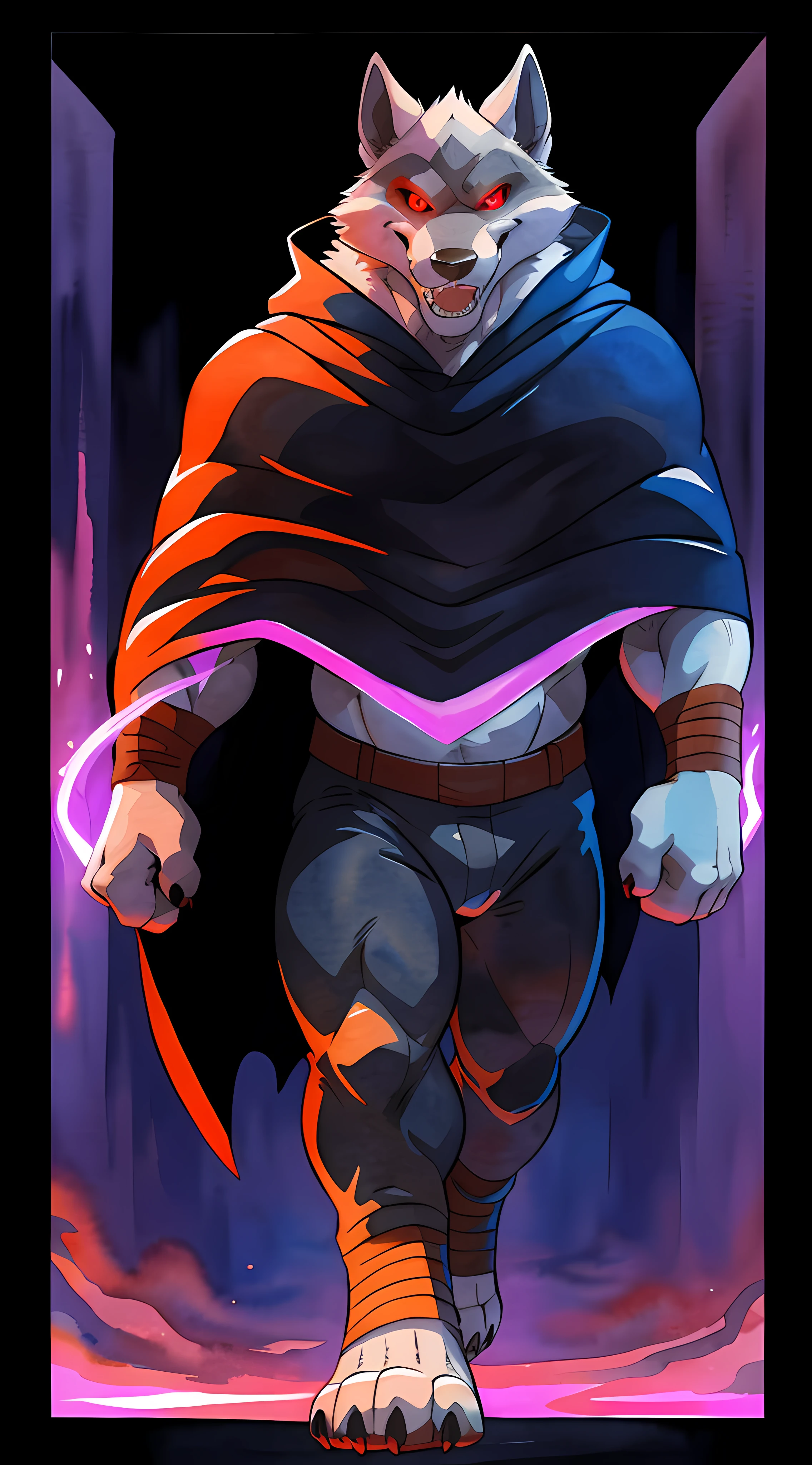 deathwolf, 4k, high resolution, best quality, posted on e621, solo, anthro body, male, adult, very masculine, (very muscular, defined muscles:1.2), cartoony proportions, (no background, black background, framed by purple fire:1.1), (by wfa:1.0), (by negger:1.0), (by echin:0.5), (detailed eyes, red eyes, evil eyes, glowing eyes, looking at camera:1.1), (cel shaded:1.2), cartoony shading, confident, proud, strong, serious eyes, open mouth, smile, (full body, front view, walking towards camera, arms spread:1.2), (watercolors:1.0), (black pants, cloak, poncho), (dramatic lighting, glow, darkness:1.2)