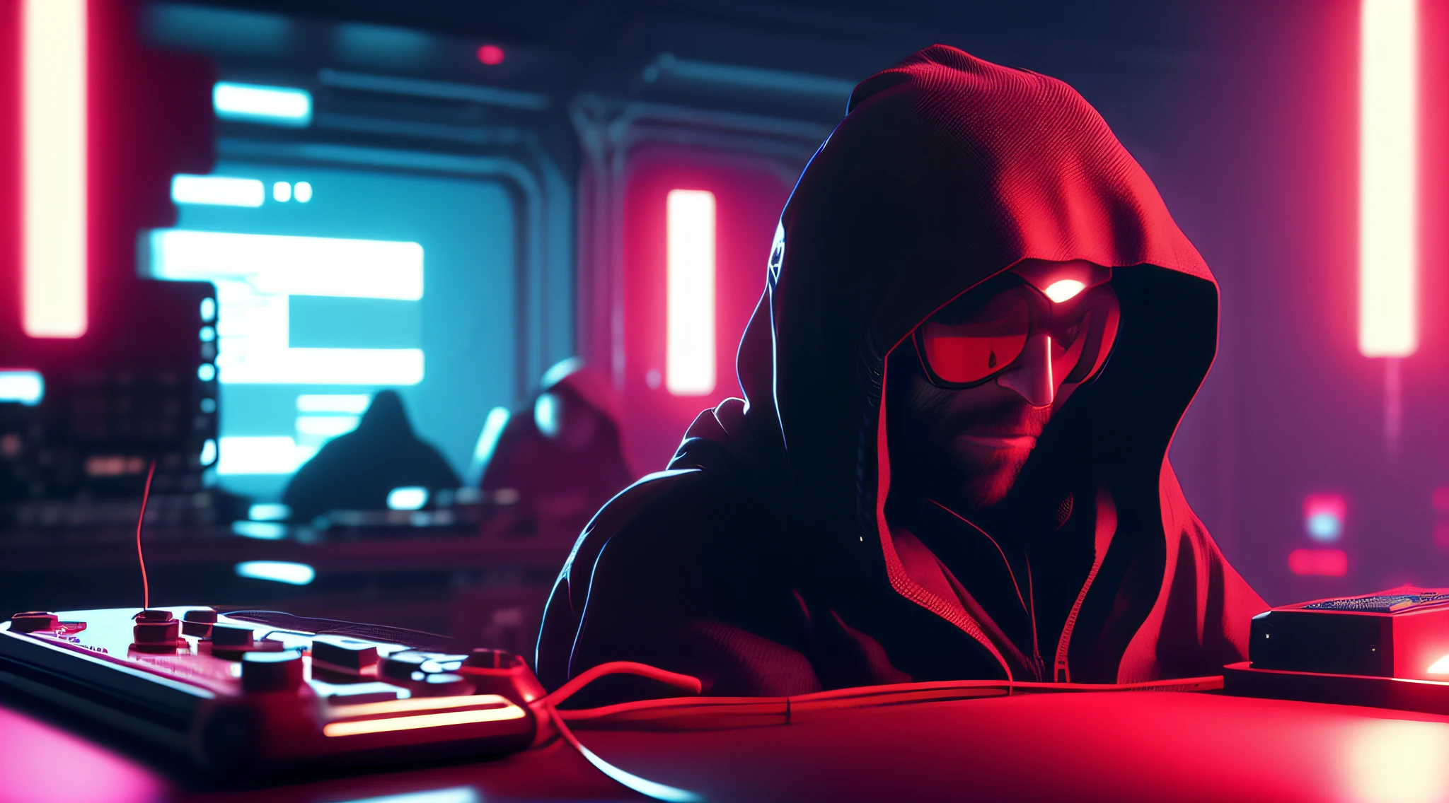 NeonNinja style, a close up of a person wearing a red hood there is a large ball in the middle of a room, a close up of an electronic device on a table